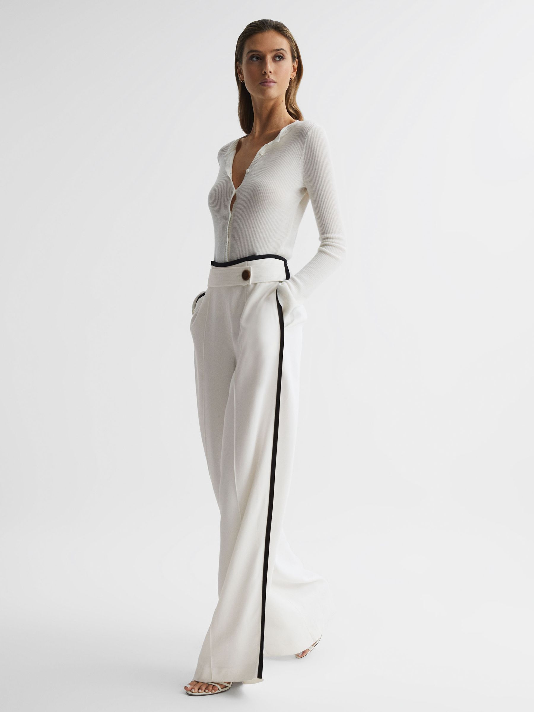 High Rise Wide Leg Trousers in Cream - Image 3 of 7