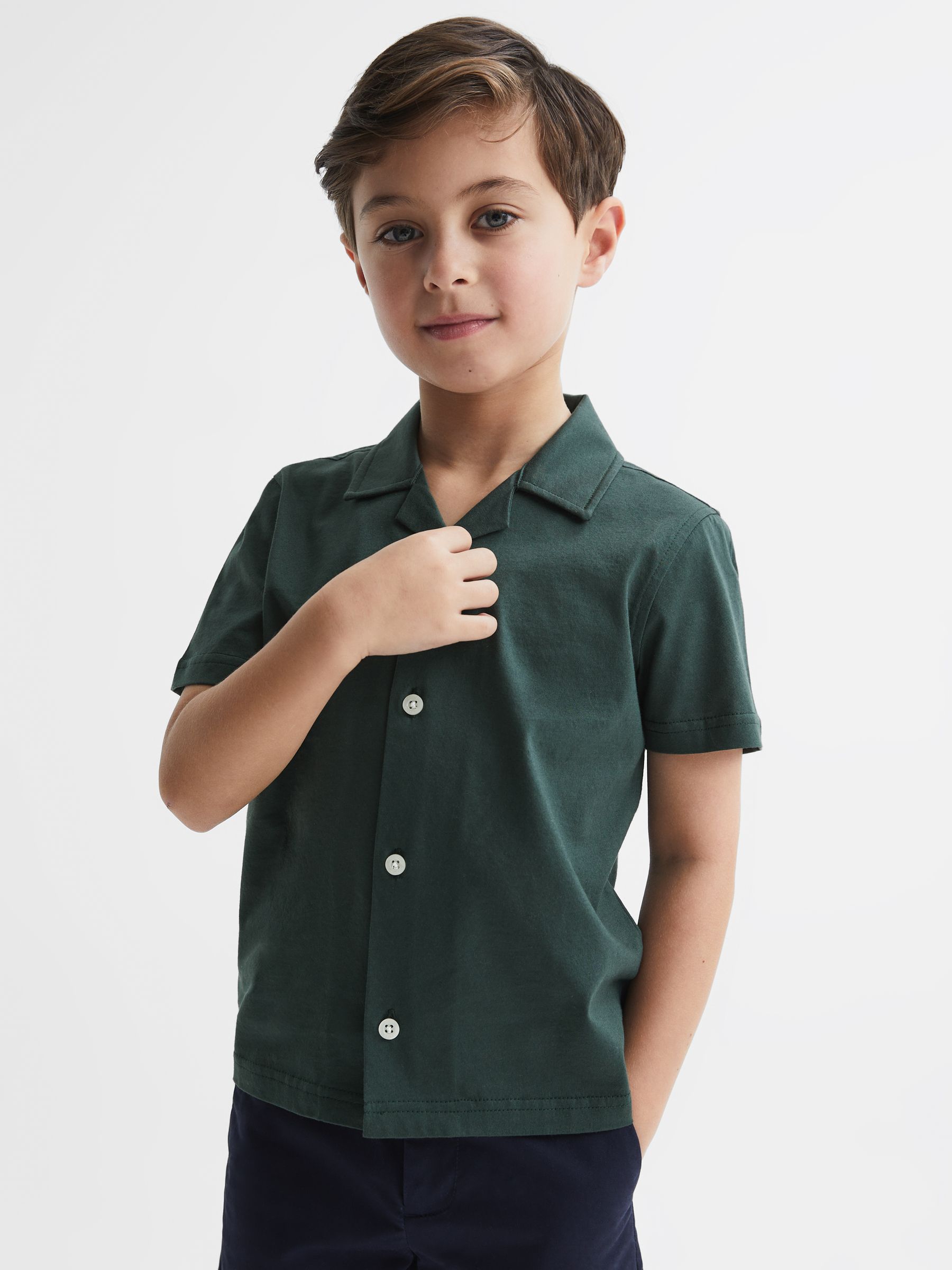 Cotton Jersey Buttoned Shirt in Pine Green - Image 1 of 7