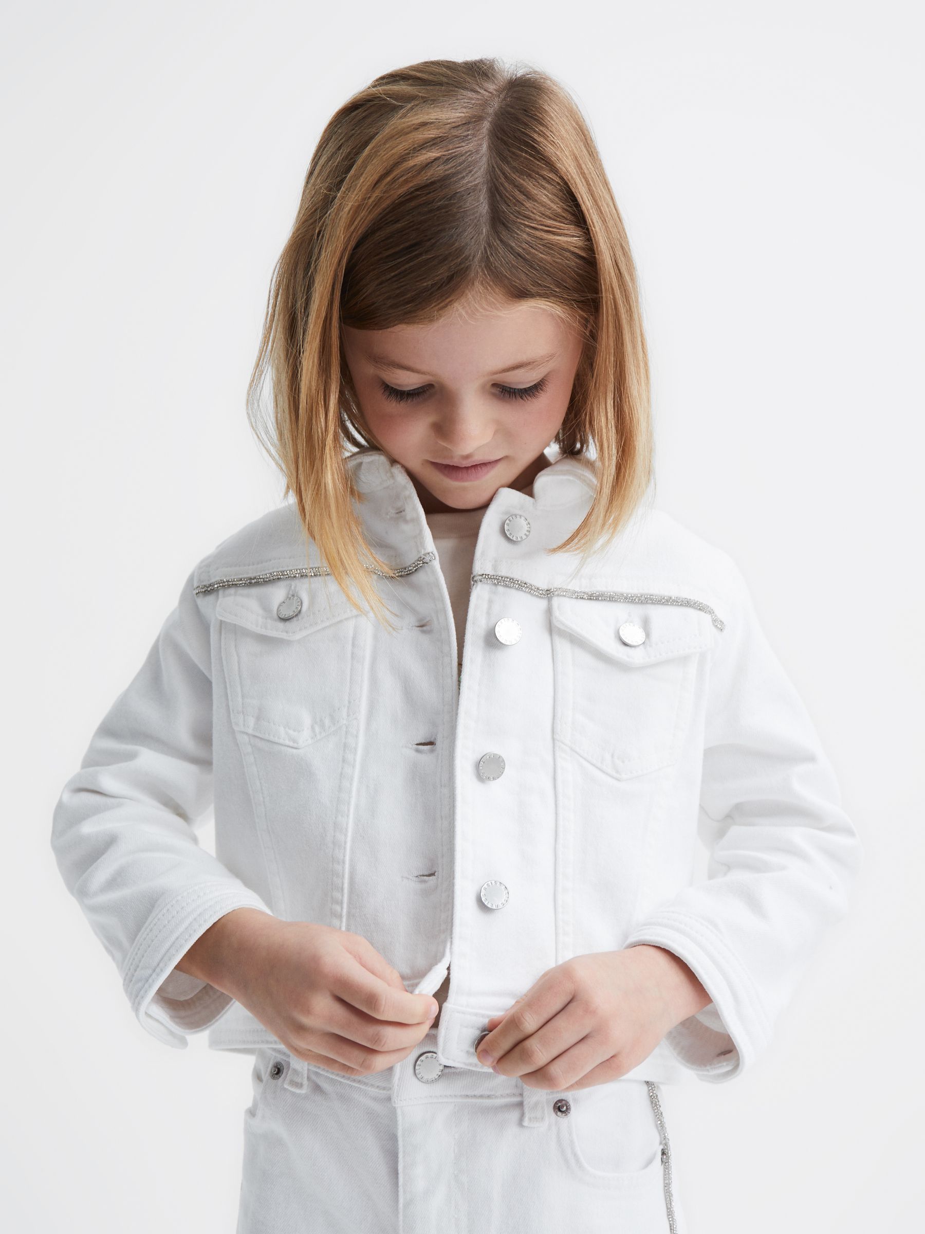 4-9 yrs Sparkle Stripe Denim Jacket in White - Image 1 of 7 4-9 yrs Sparkle Stripe Denim Jacket in White - Image 1 of 7