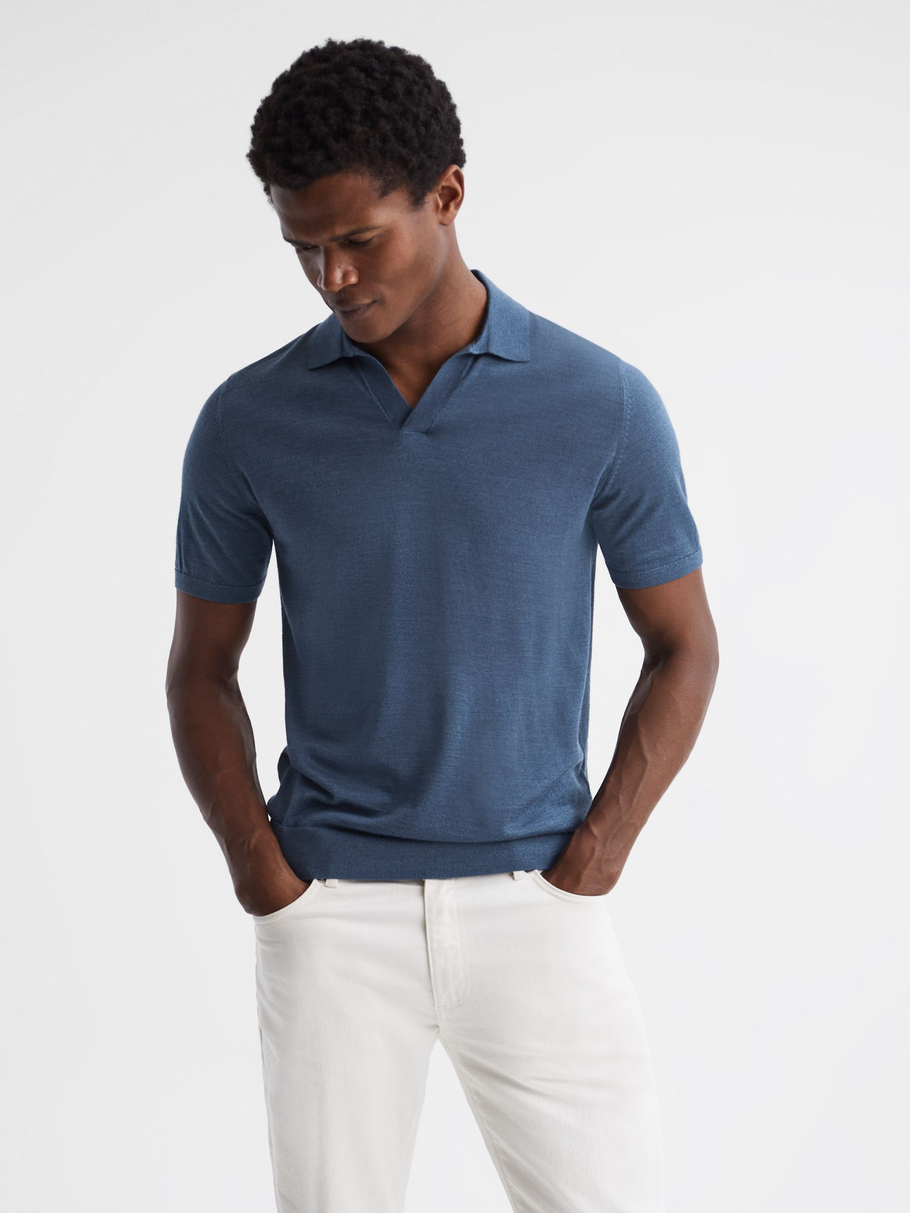Open Collar Silk Merino Polo Shirt in Airforce Blue - Image 1 of 6
