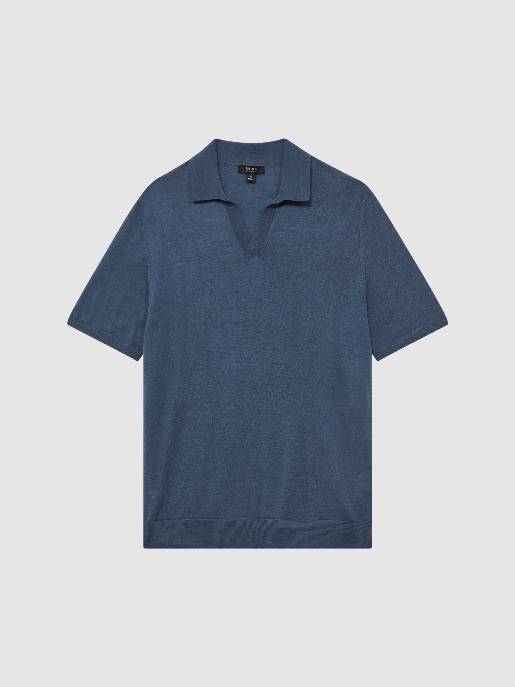 Open Collar Silk Merino Polo Shirt in Airforce Blue - Image 2 of 6