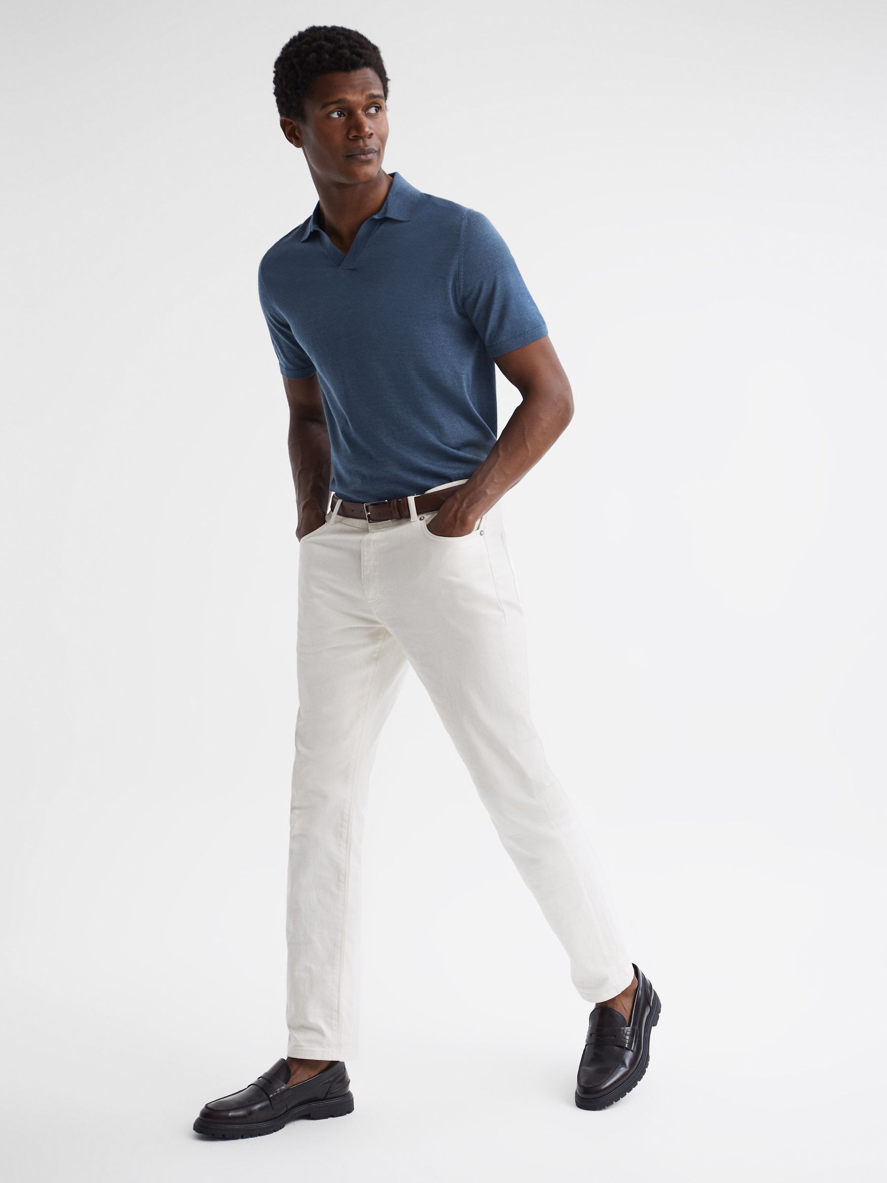 Open Collar Silk Merino Polo Shirt in Airforce Blue - Image 3 of 6