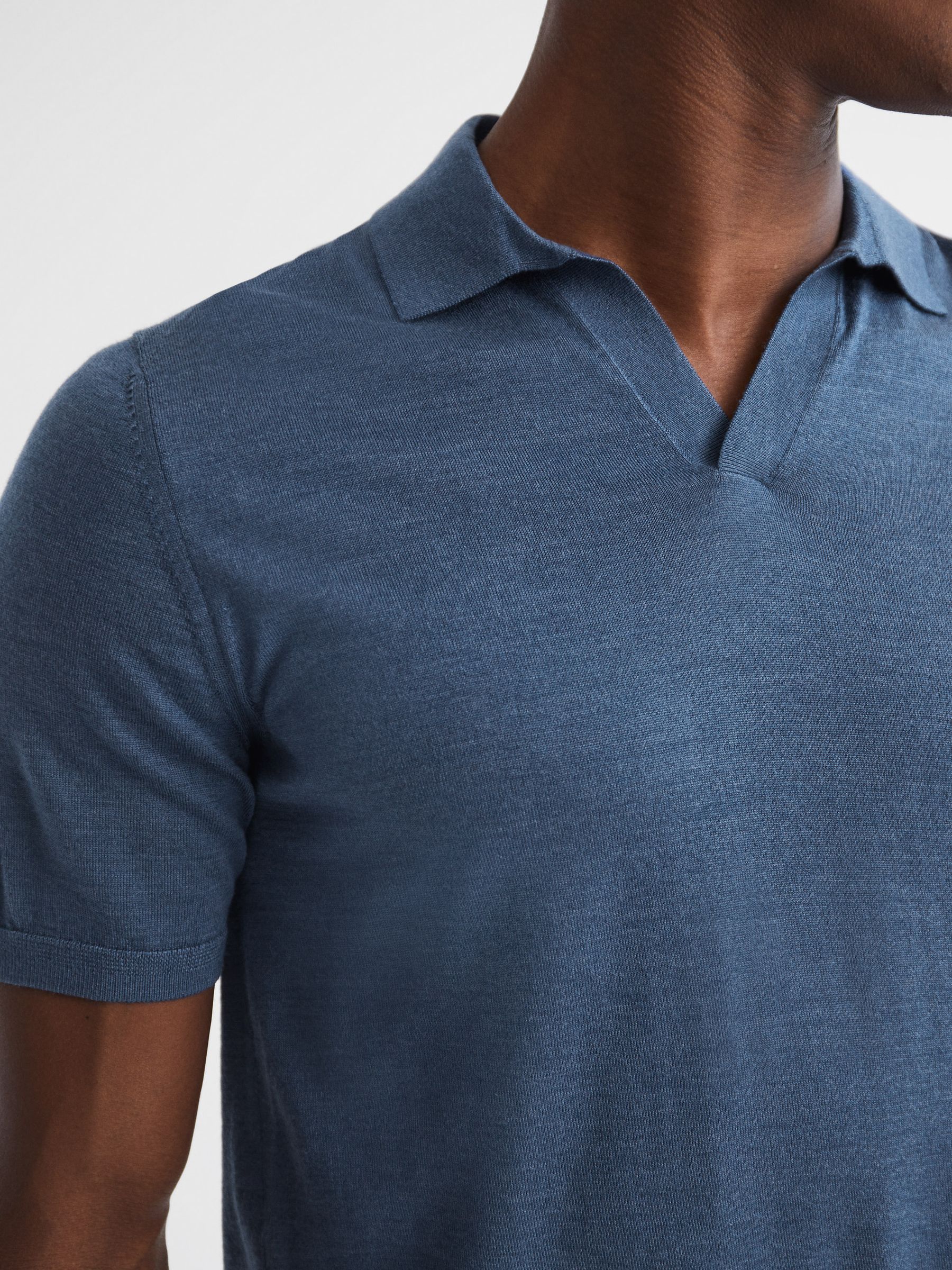 Open Collar Silk Merino Polo Shirt in Airforce Blue - Image 4 of 6