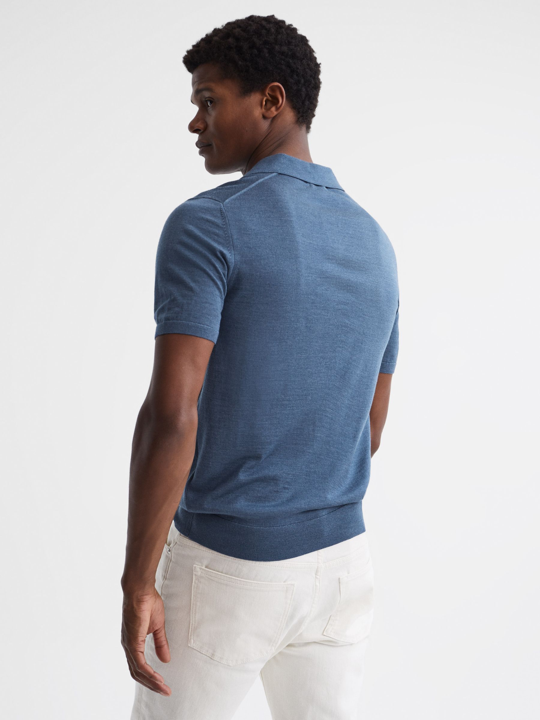 Open Collar Silk Merino Polo Shirt in Airforce Blue - Image 5 of 6