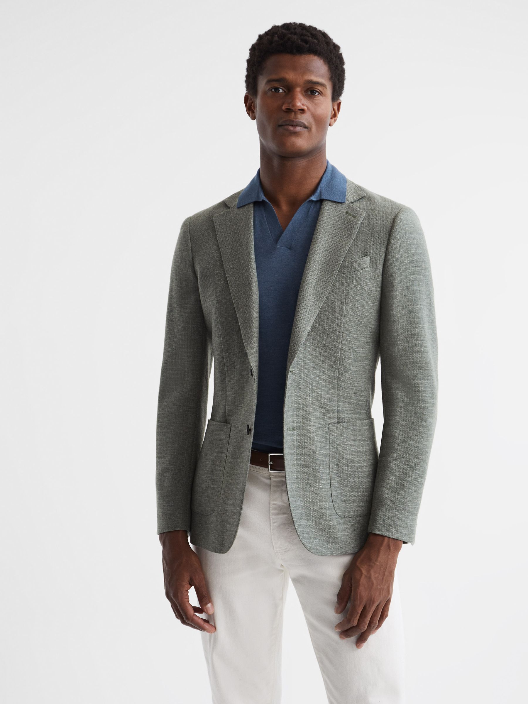 Open Collar Silk Merino Polo Shirt in Airforce Blue - Image 6 of 6