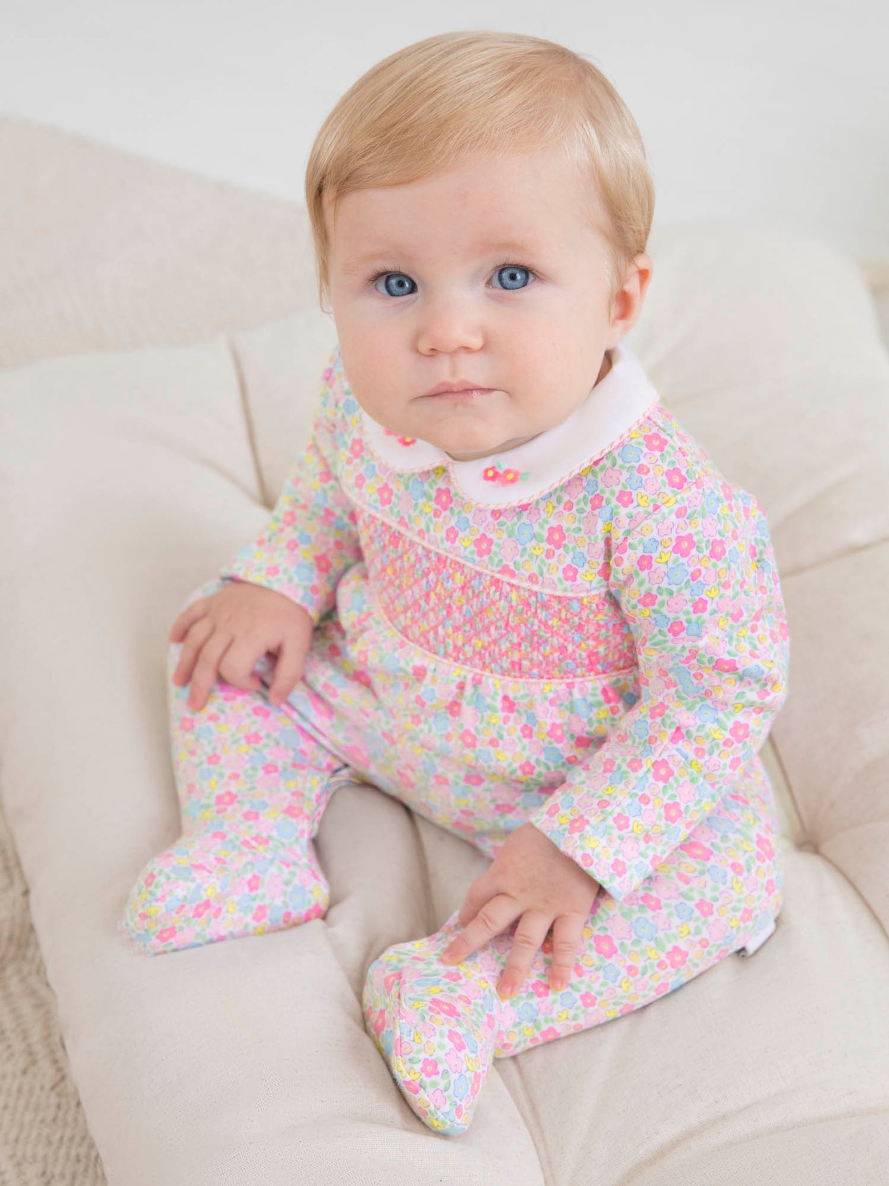 Pink Ditsy Smocked Cotton Baby Sleepsuit - Image 1 of 5
