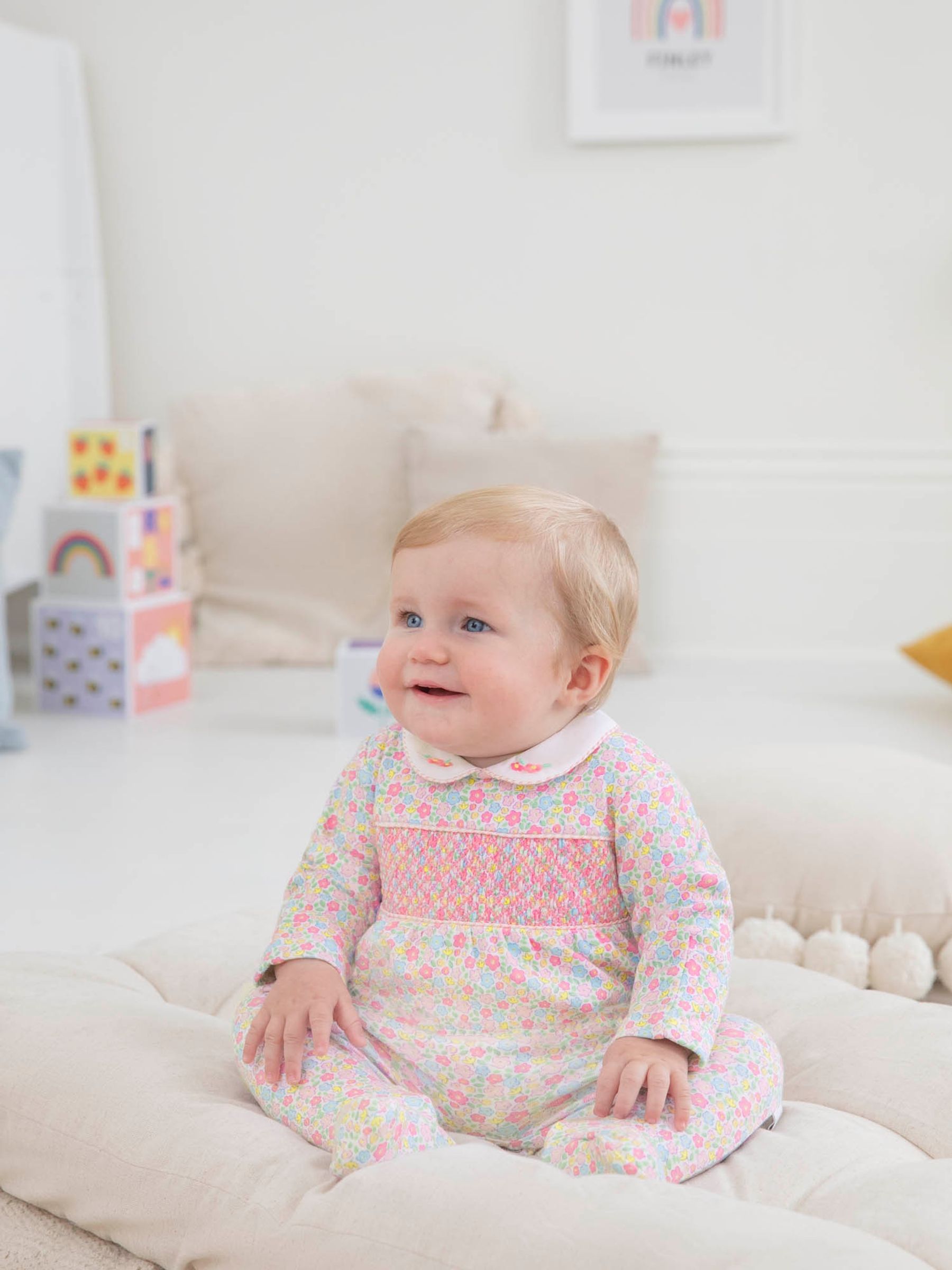 Pink Ditsy Smocked Cotton Baby Sleepsuit - Image 2 of 5