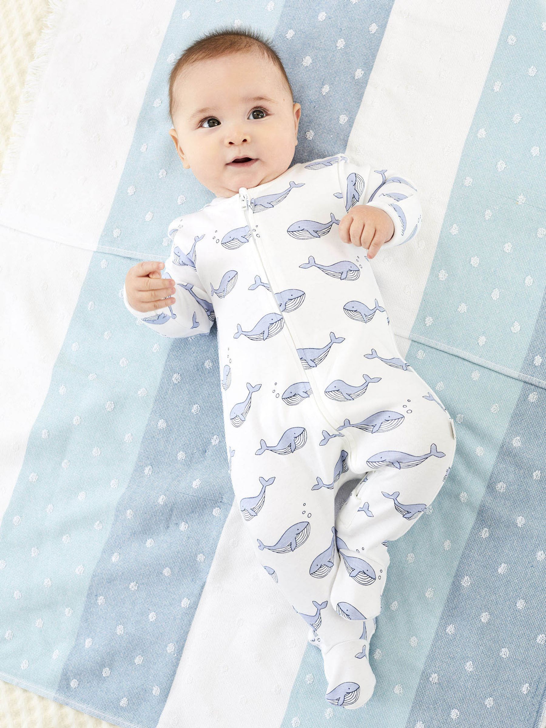 Blue Whale Print Zip Cotton Baby Sleepsuit - Image 1 of 3