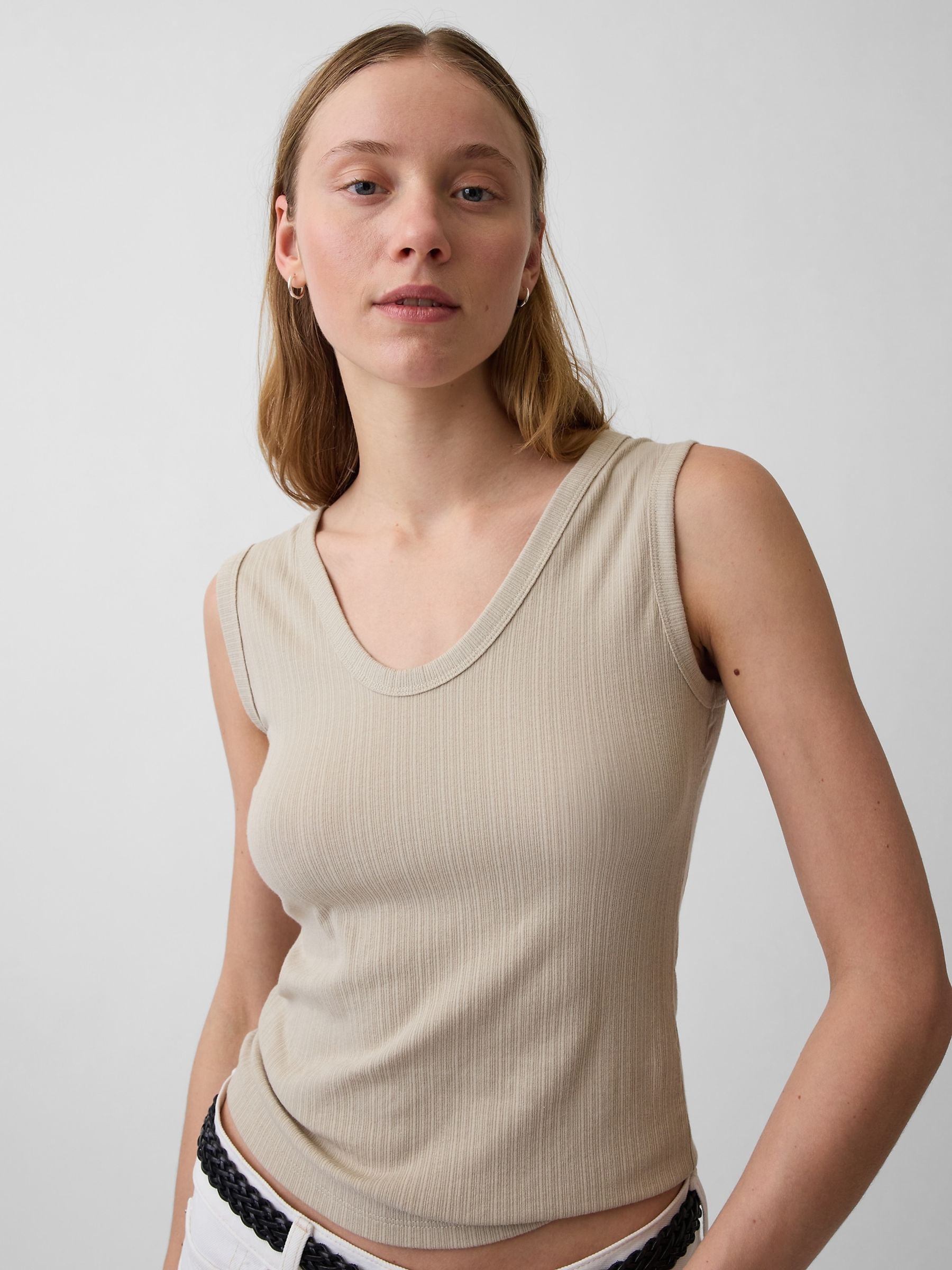 Beige Modern Rib Scoop V-Neck Vest - Image 1 of 4