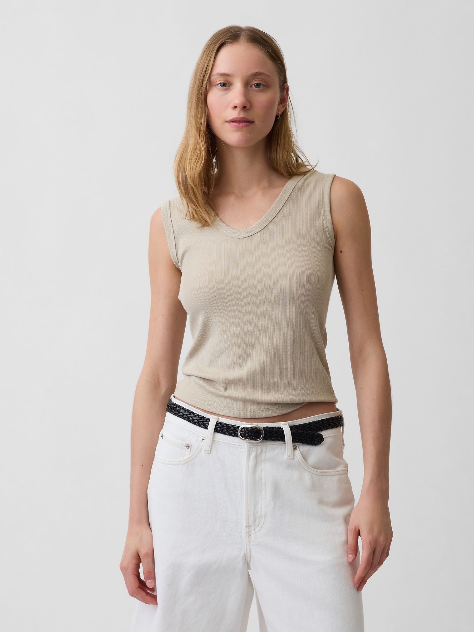 Beige Modern Rib Scoop V-Neck Vest - Image 3 of 4
