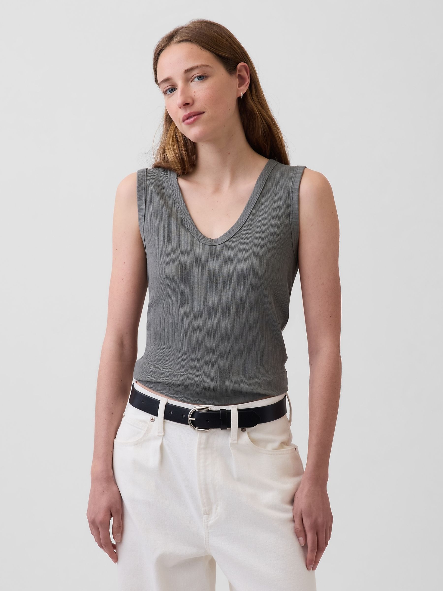 Olive Green Modern Rib Scoop V-Neck Vest - Image 1 of 3