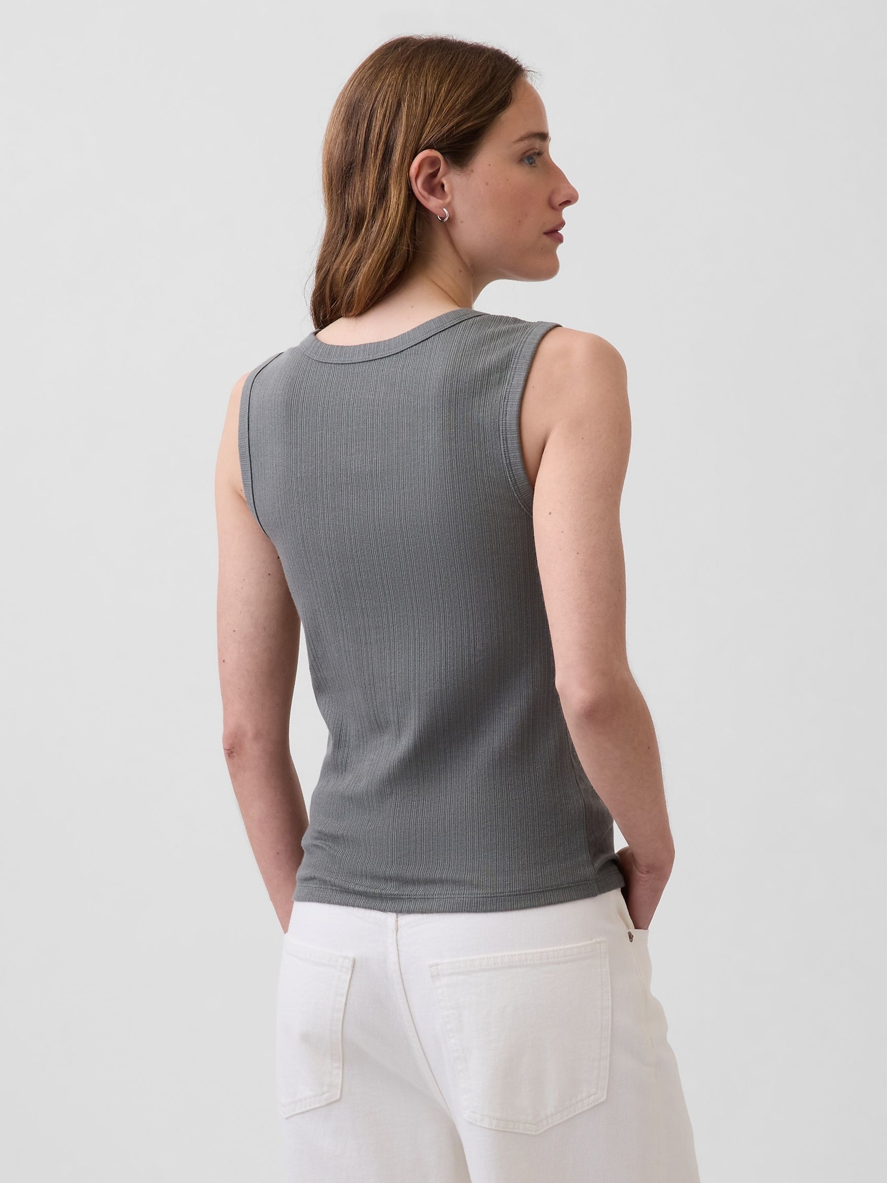 Olive Green Modern Rib Scoop V-Neck Vest - Image 2 of 3