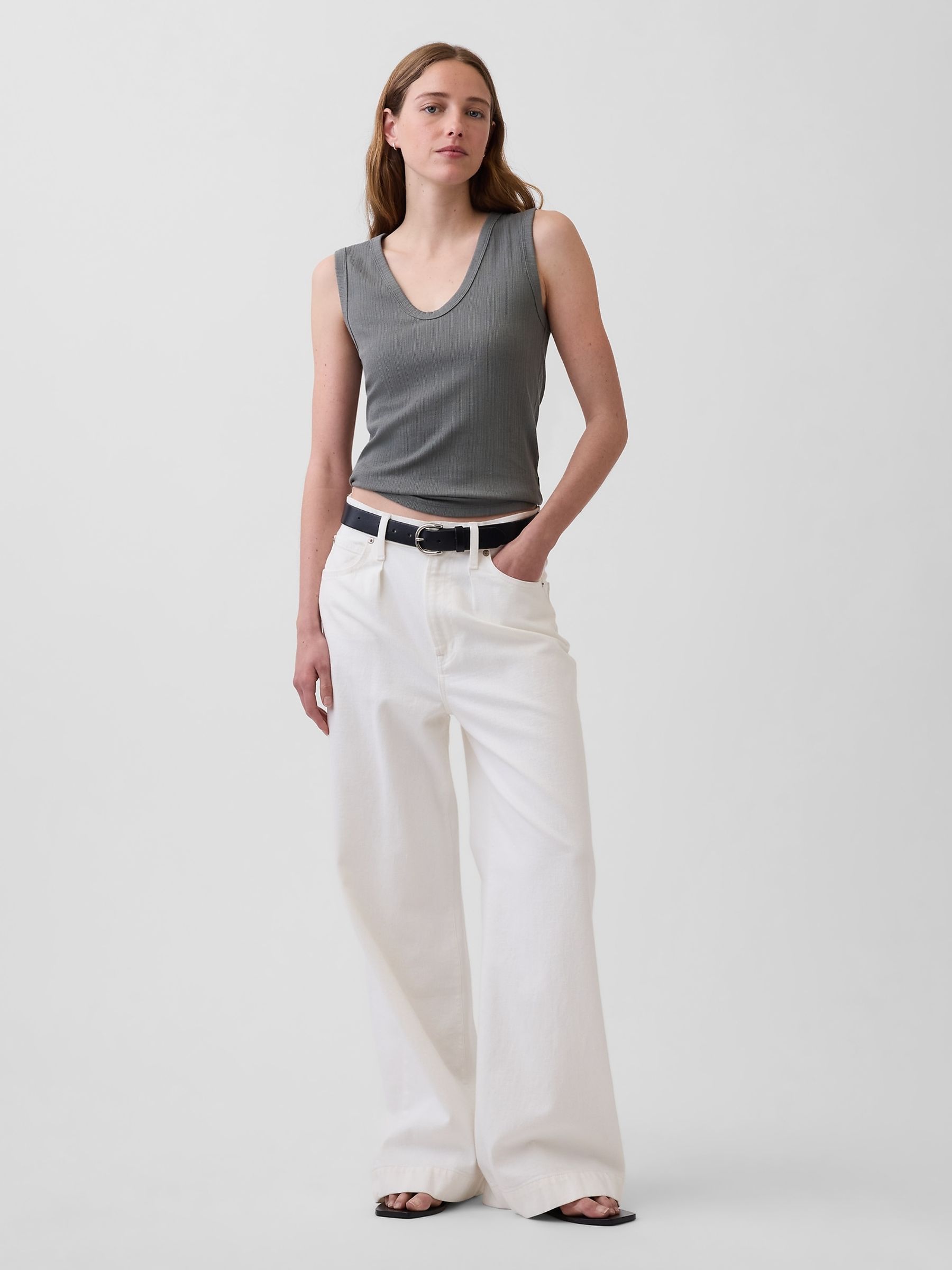 Olive Green Modern Rib Scoop V-Neck Vest - Image 3 of 3