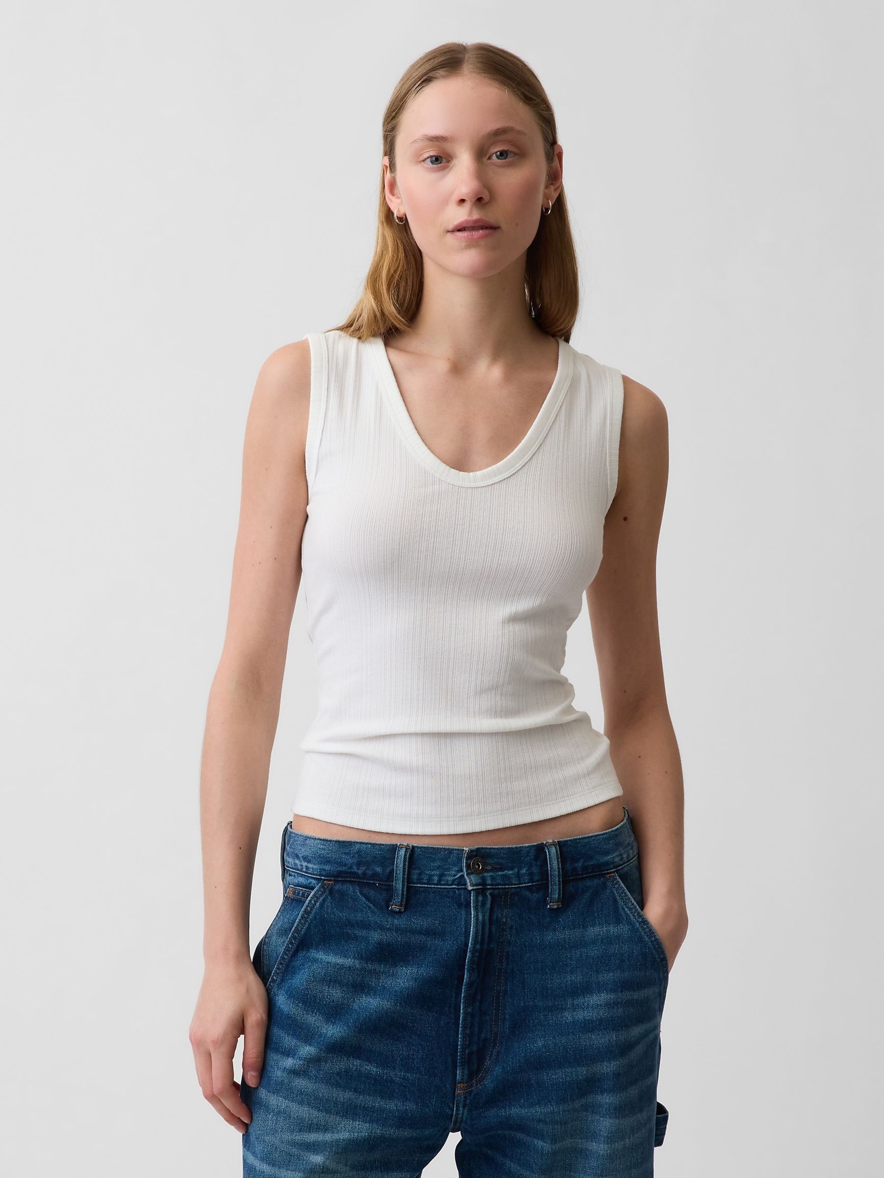 White Modern Rib Scoop V-Neck Vest - Image 1 of 4