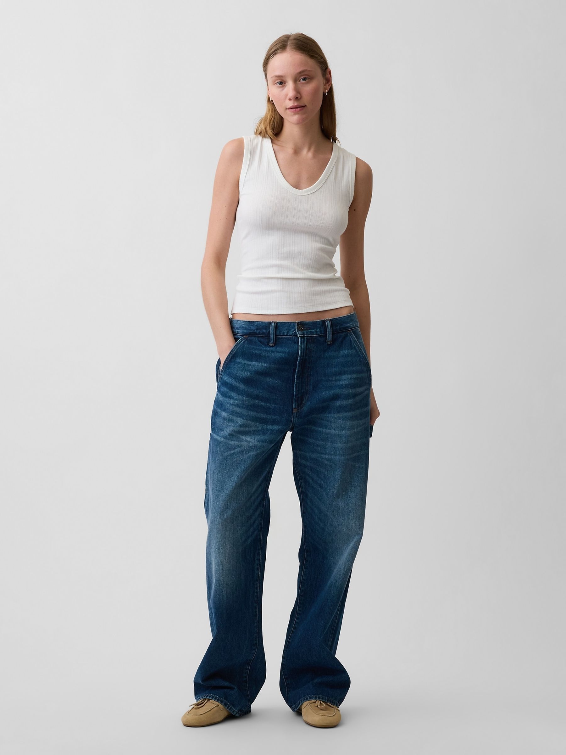 White Modern Rib Scoop V-Neck Vest - Image 3 of 4
