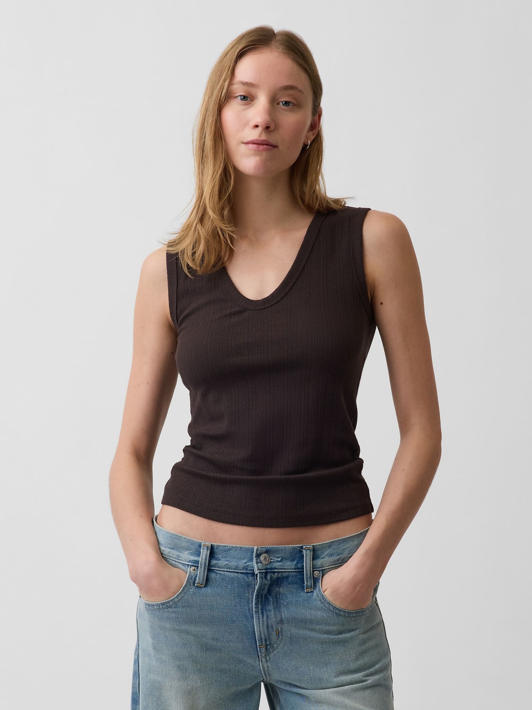 Brown Modern Rib Scoop V-Neck Vest - Image 1 of 3