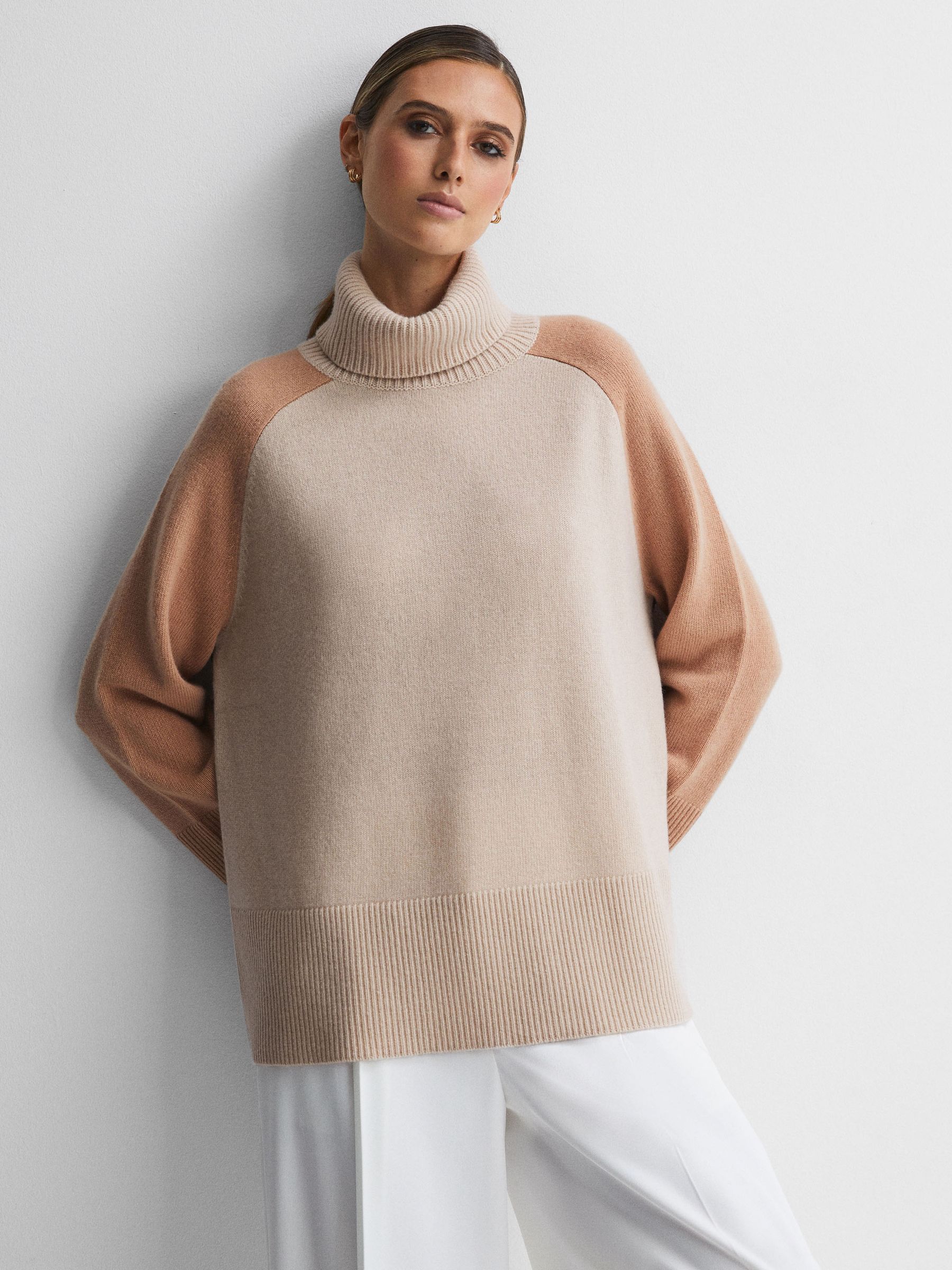 Relaxed Wool-Cashmere Blend Roll Neck Jumper in Camel/Charcoal - Image 1 of 7 Relaxed Wool-Cashmere Blend Roll Neck Jumper in Camel/Charcoal - Image 1 of 7