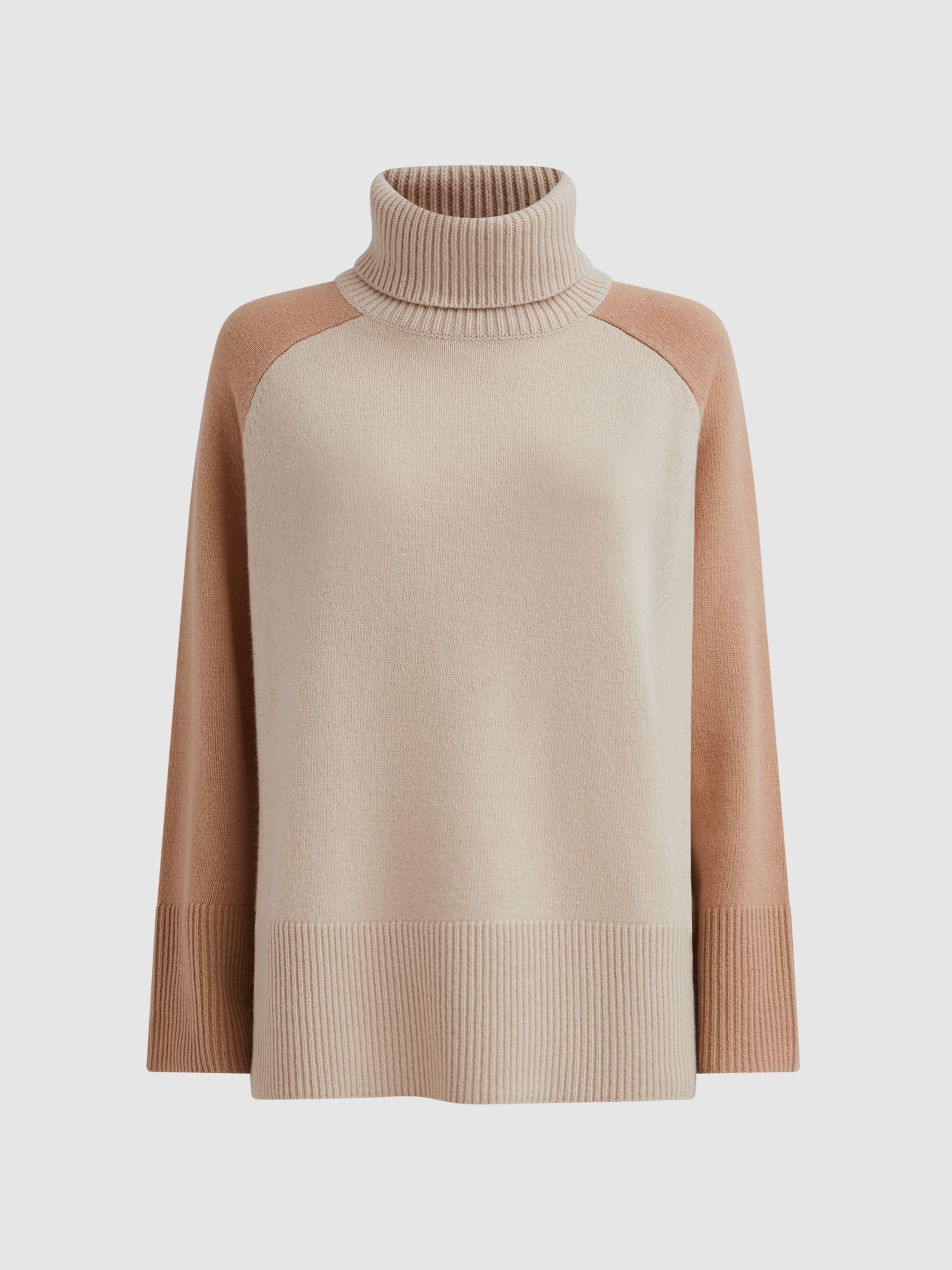 Relaxed Wool-Cashmere Blend Roll Neck Jumper in Camel/Charcoal - Image 2 of 7