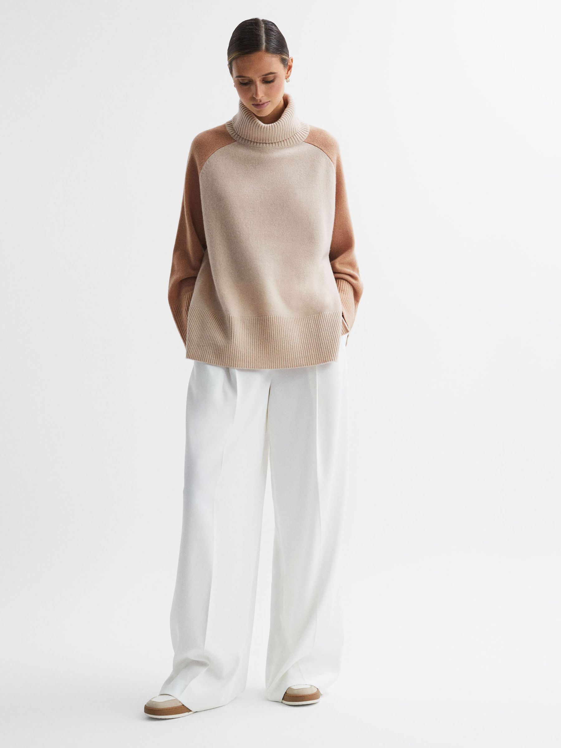 Relaxed Wool-Cashmere Blend Roll Neck Jumper in Camel/Charcoal - Image 5 of 7