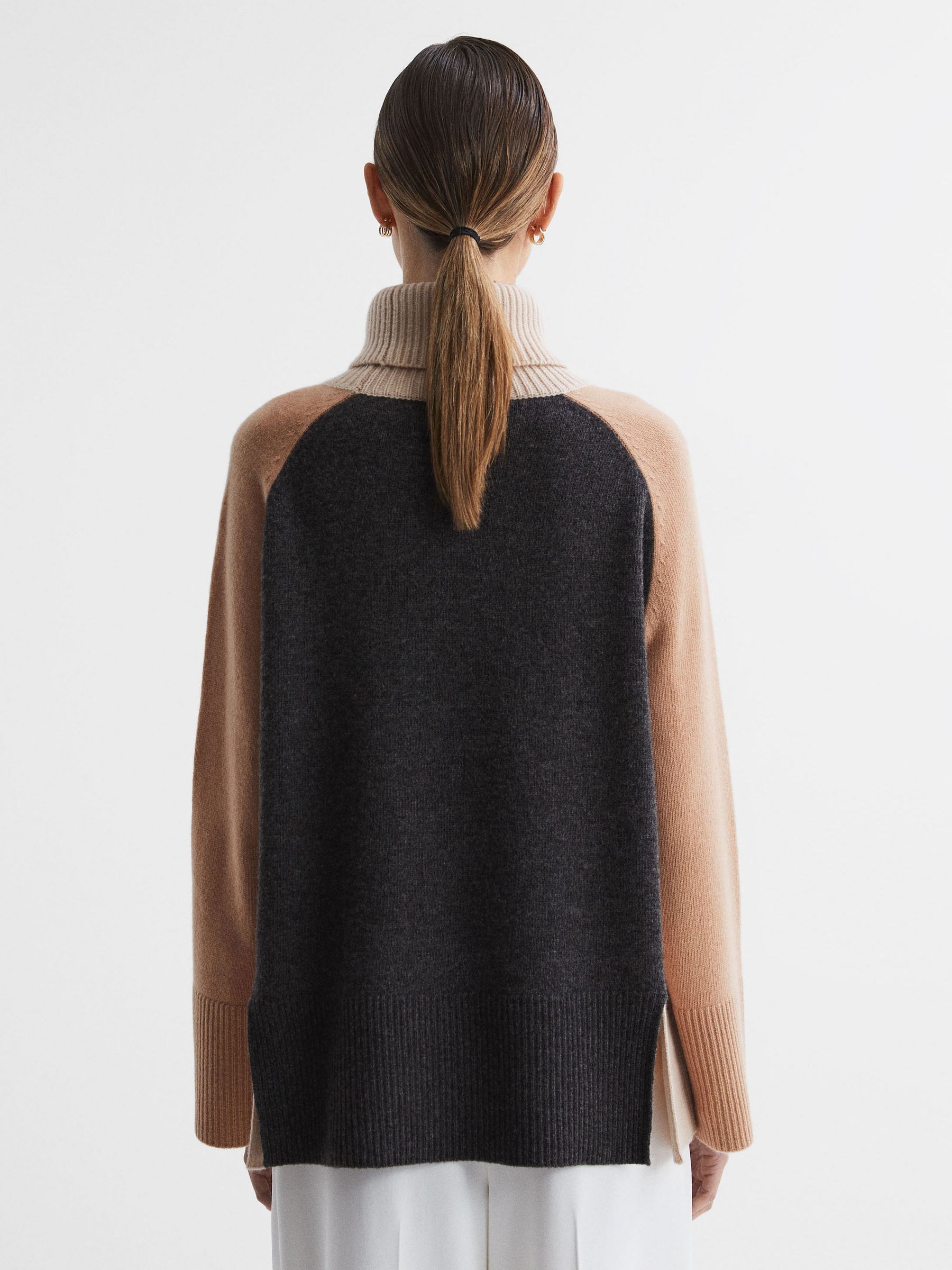 Relaxed Wool-Cashmere Blend Roll Neck Jumper in Camel/Charcoal - Image 6 of 7