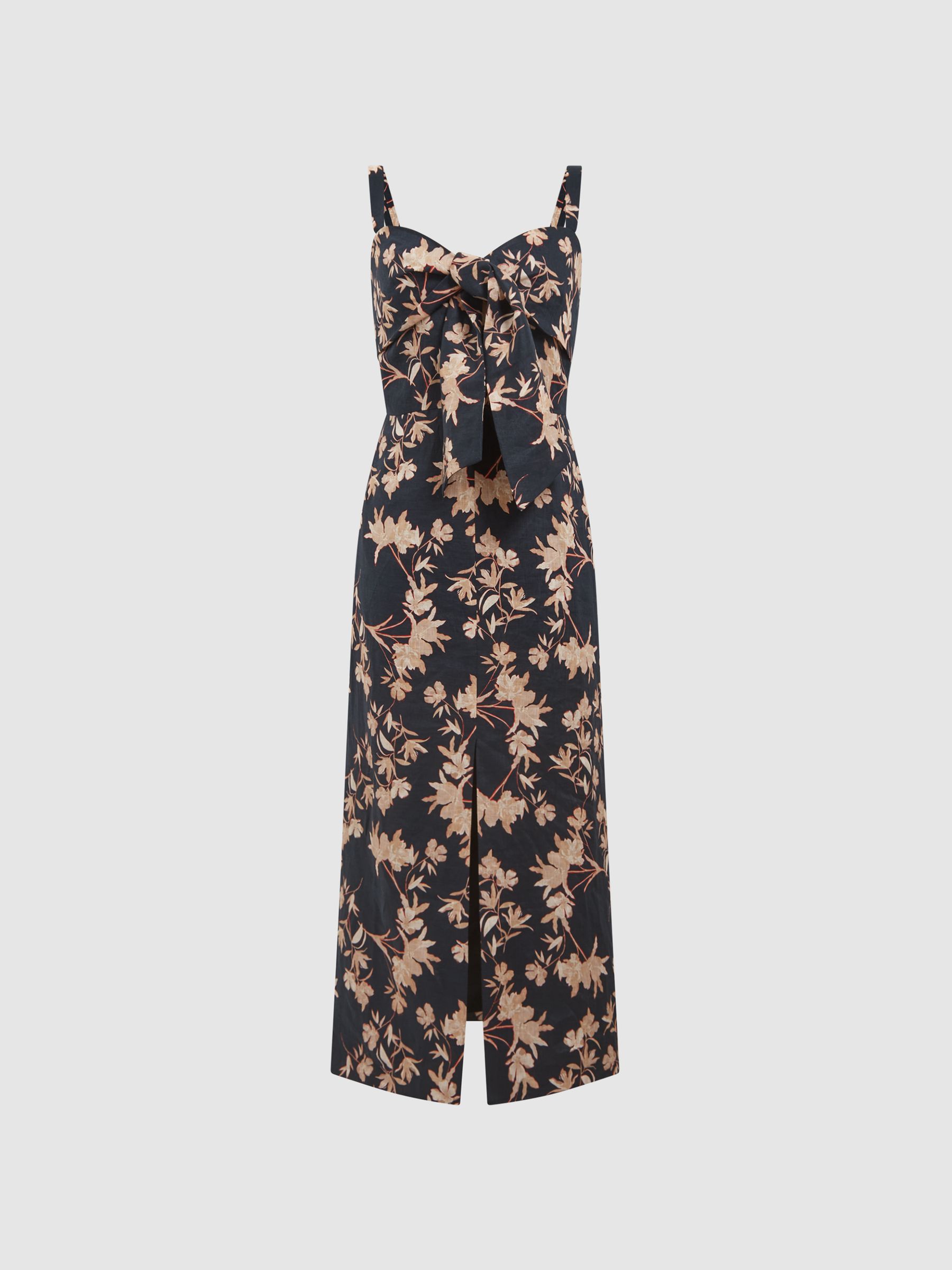 Reiss Floral Print Linen Midi Dress in Black/Blush - REISS