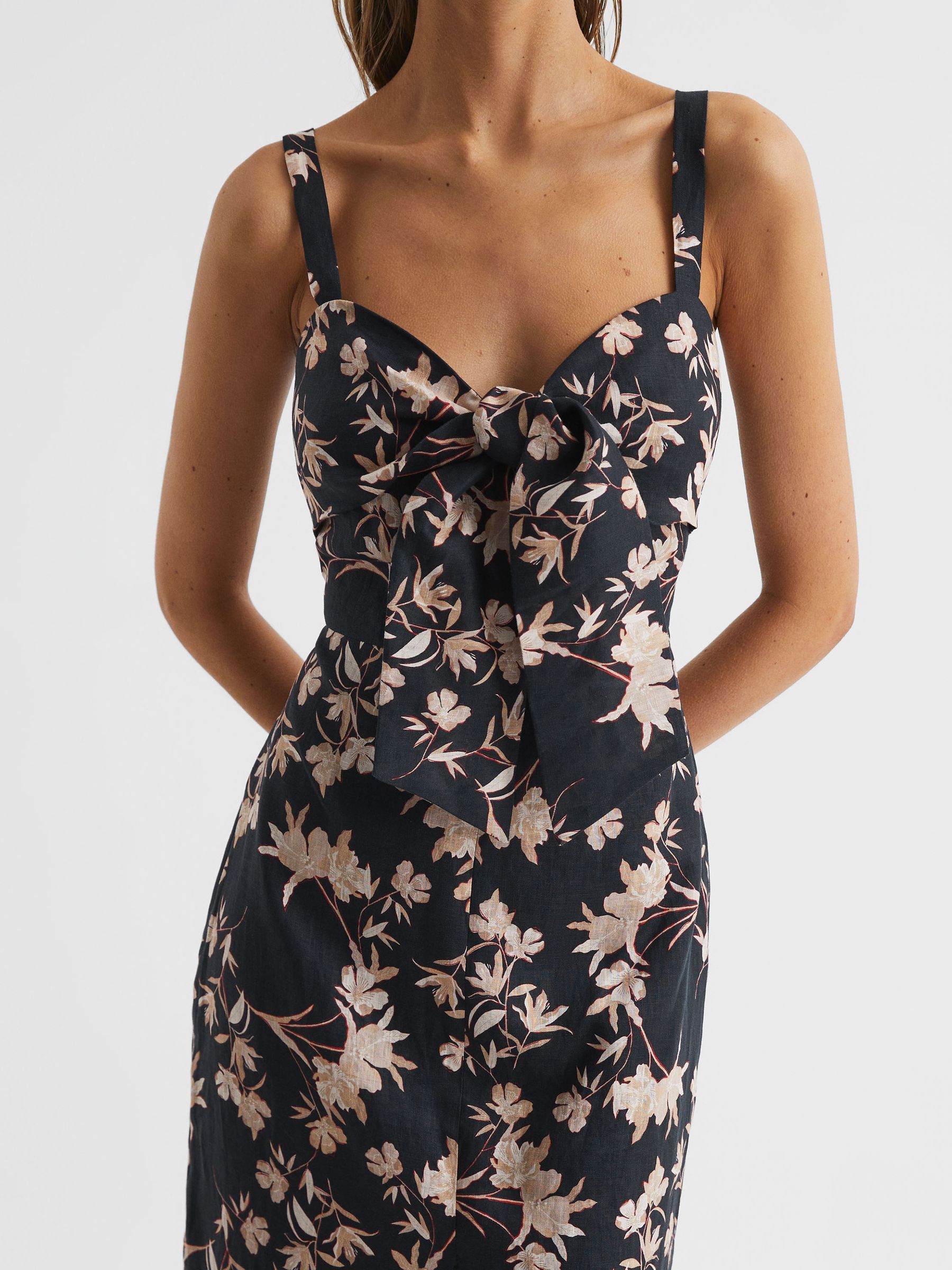Floral Print Linen Midi Dress in Black/Blush - Image 4 of 5