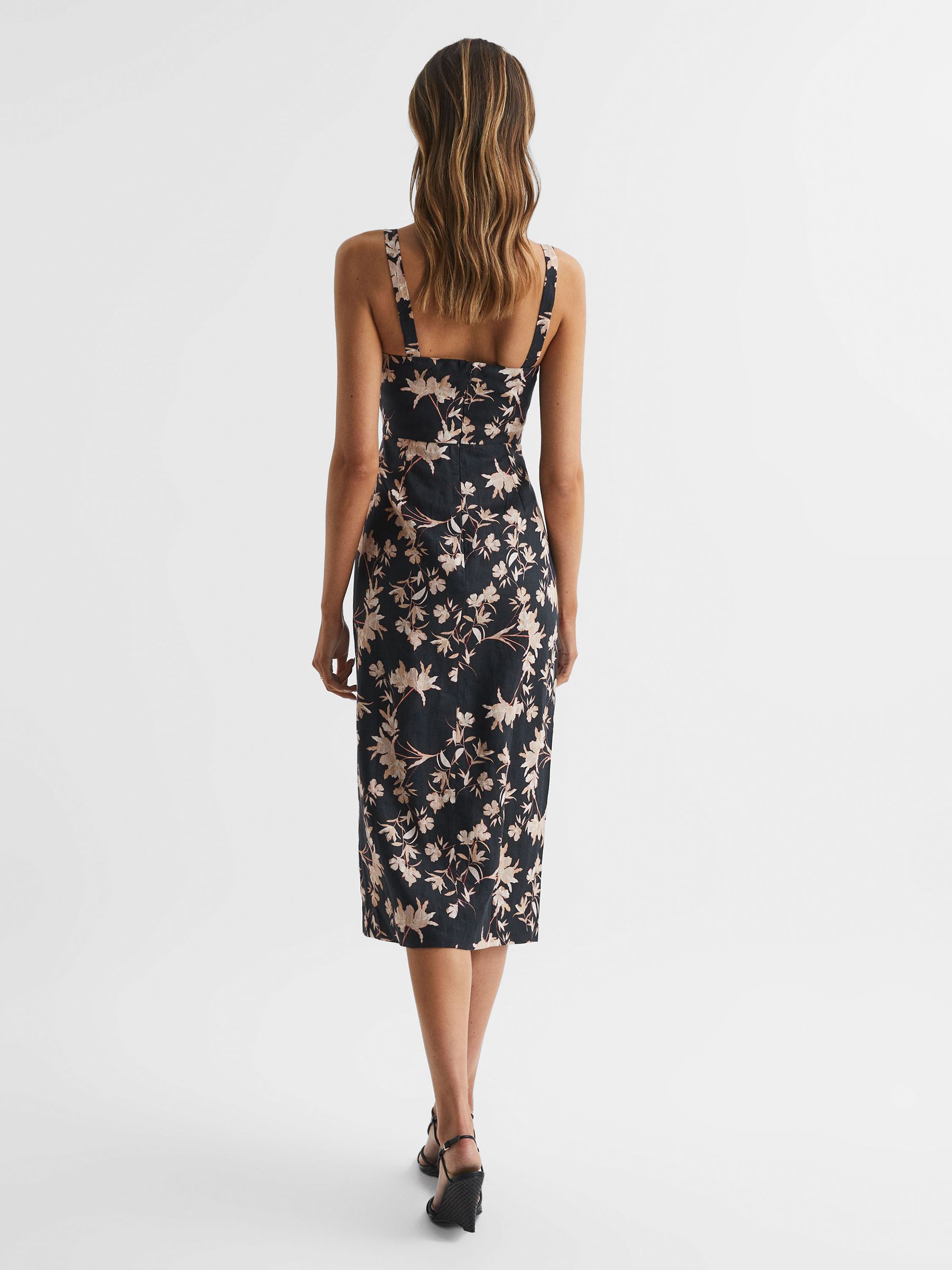 Floral Print Linen Midi Dress in Black/Blush - Image 6 of 10