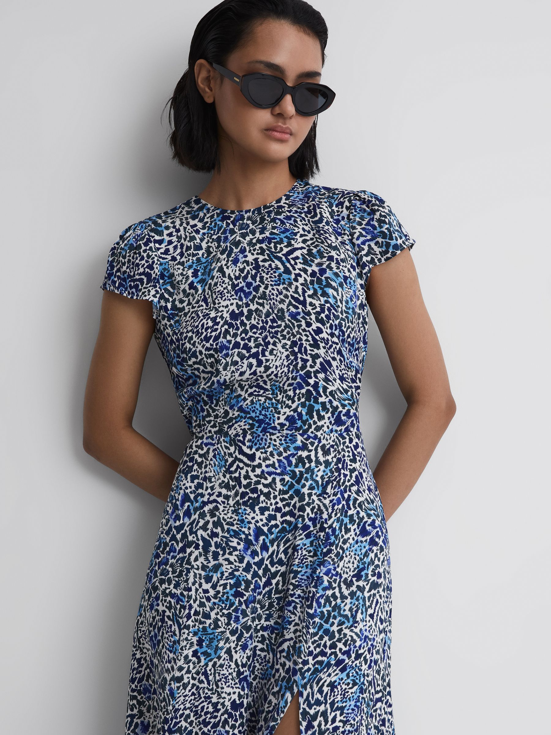 Printed Cut Out Back Midi Dress in Blue - Image 1 of 7