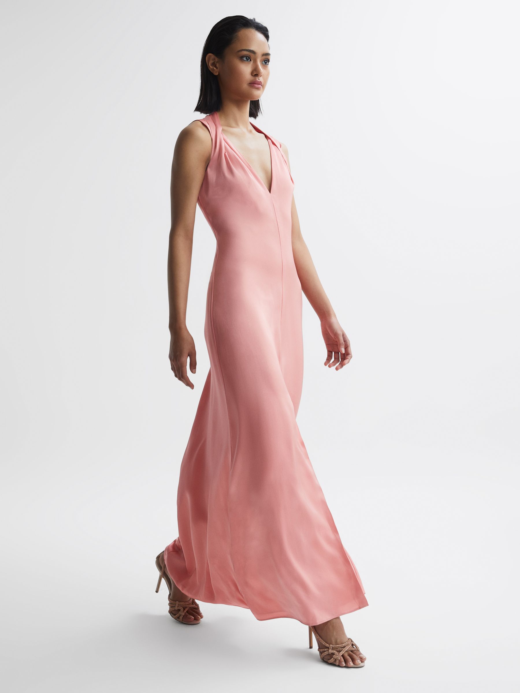 Bridesmaid Twist Detail Midi Dress in Coral - Image 3 of 5