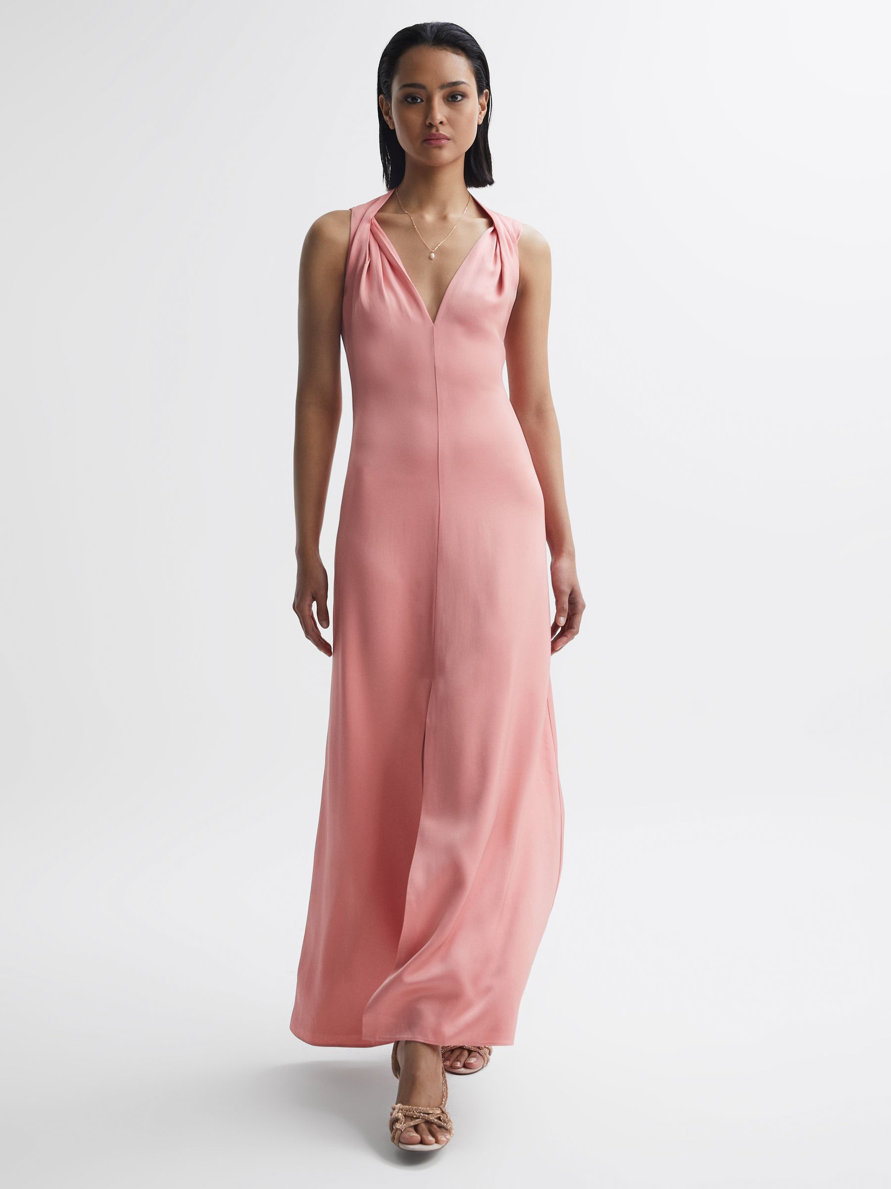 Bridesmaid Twist Detail Midi Dress in Coral - Image 4 of 5