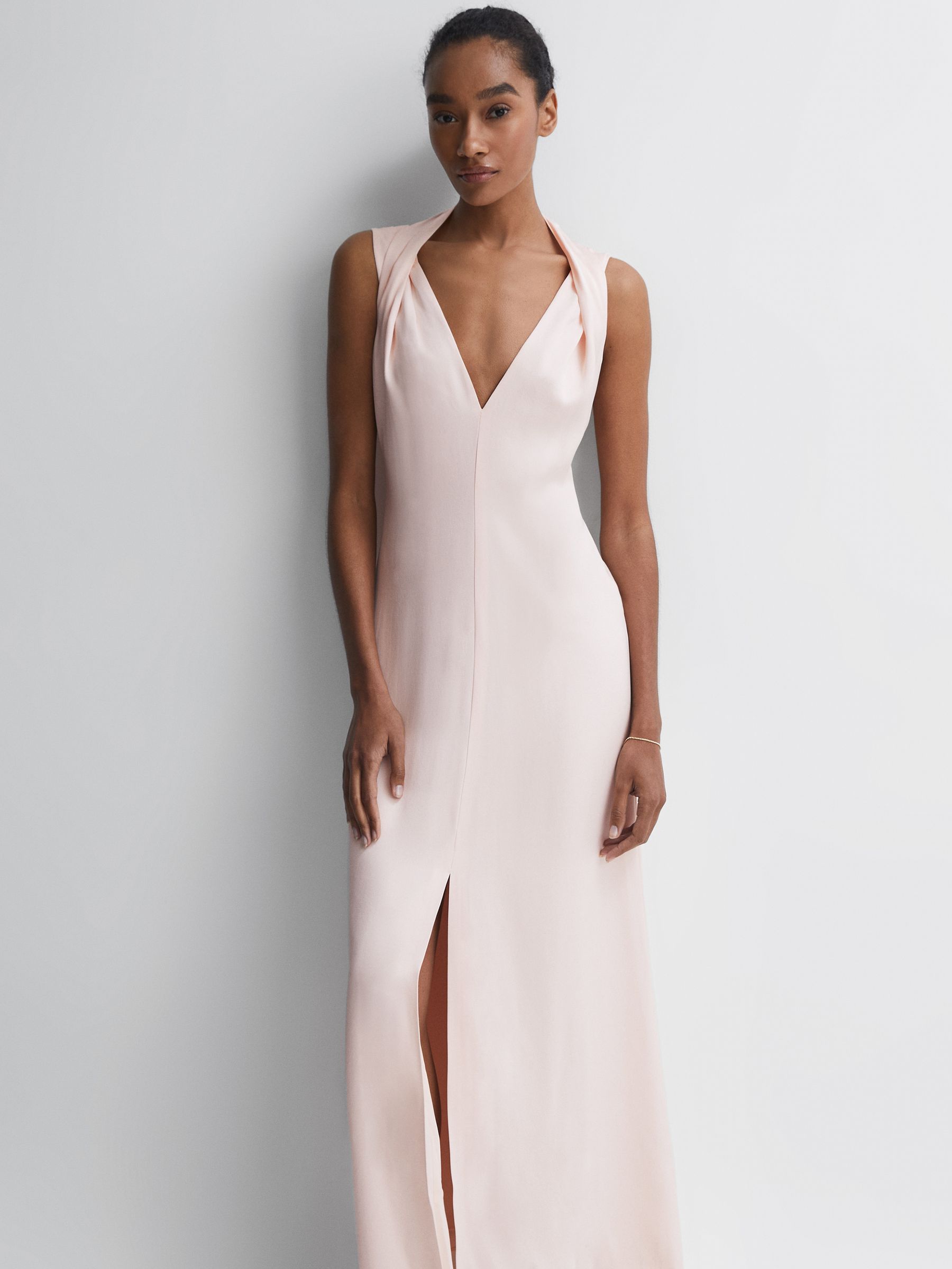 Bridesmaid Twist Detail Midi Dress in Nude - Image 1 of 5