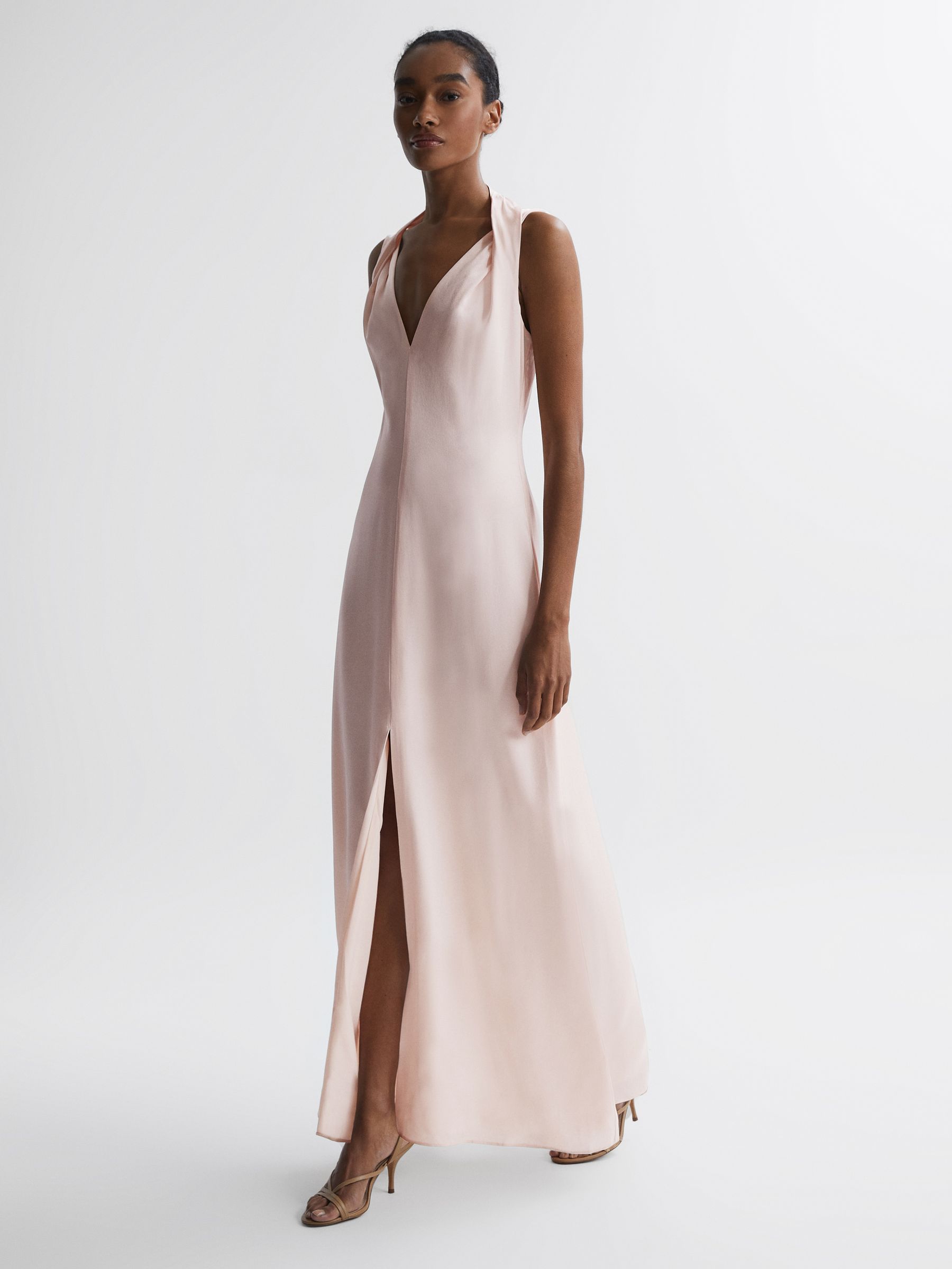 Bridesmaid Twist Detail Midi Dress in Nude - Image 3 of 5