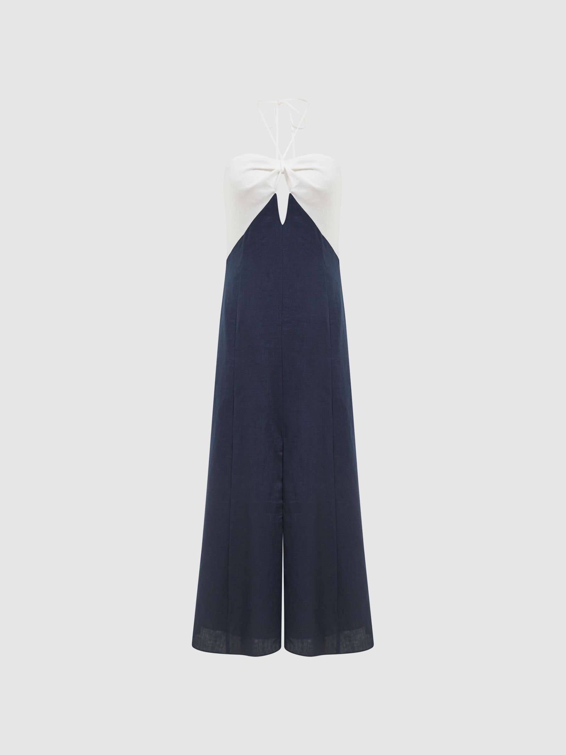 Linen Colour Block Midi Dress in Navy/White - Bild 2 av 7