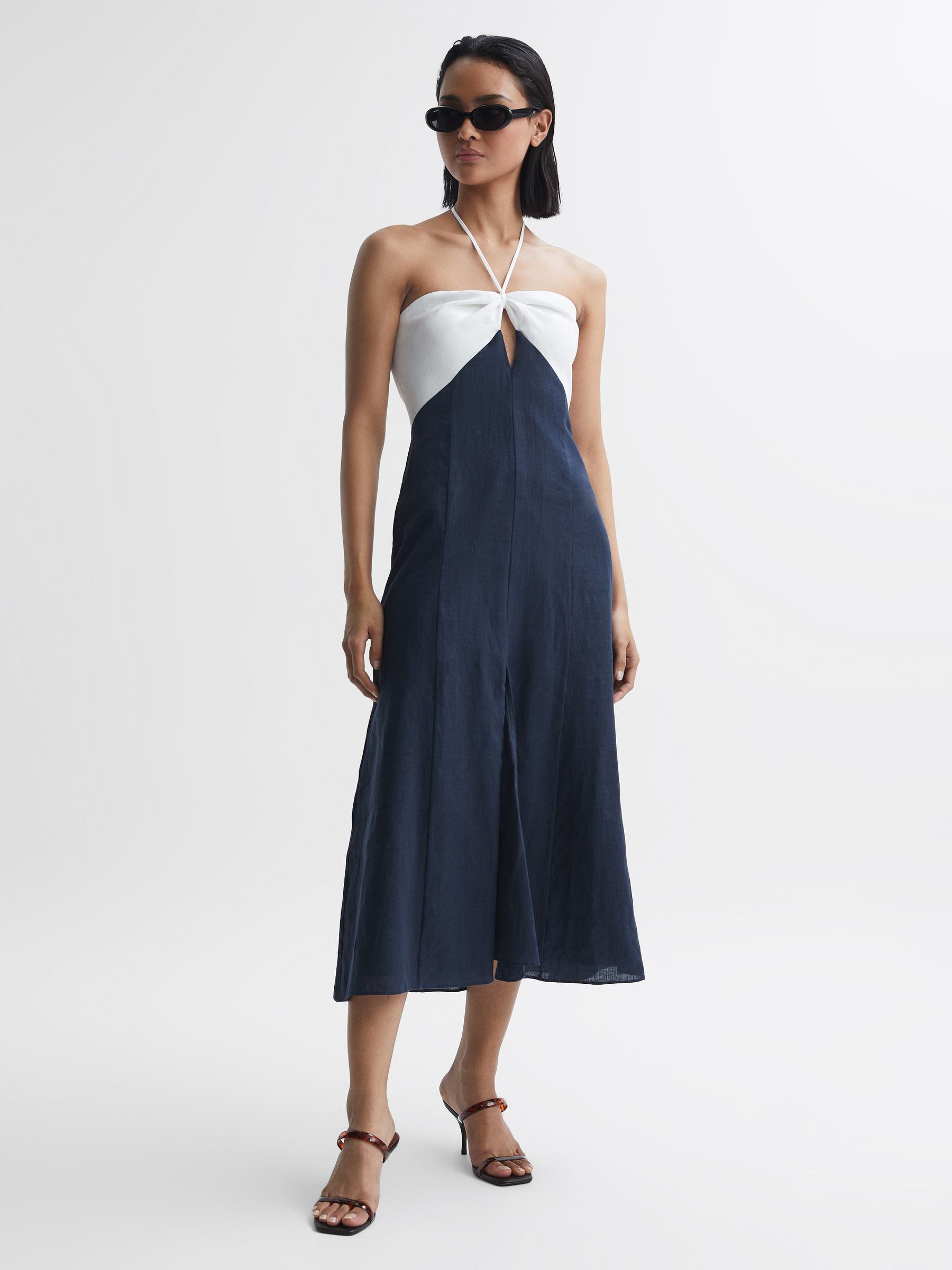 Linen Colour Block Midi Dress in Navy/White - Bild 3 av 7