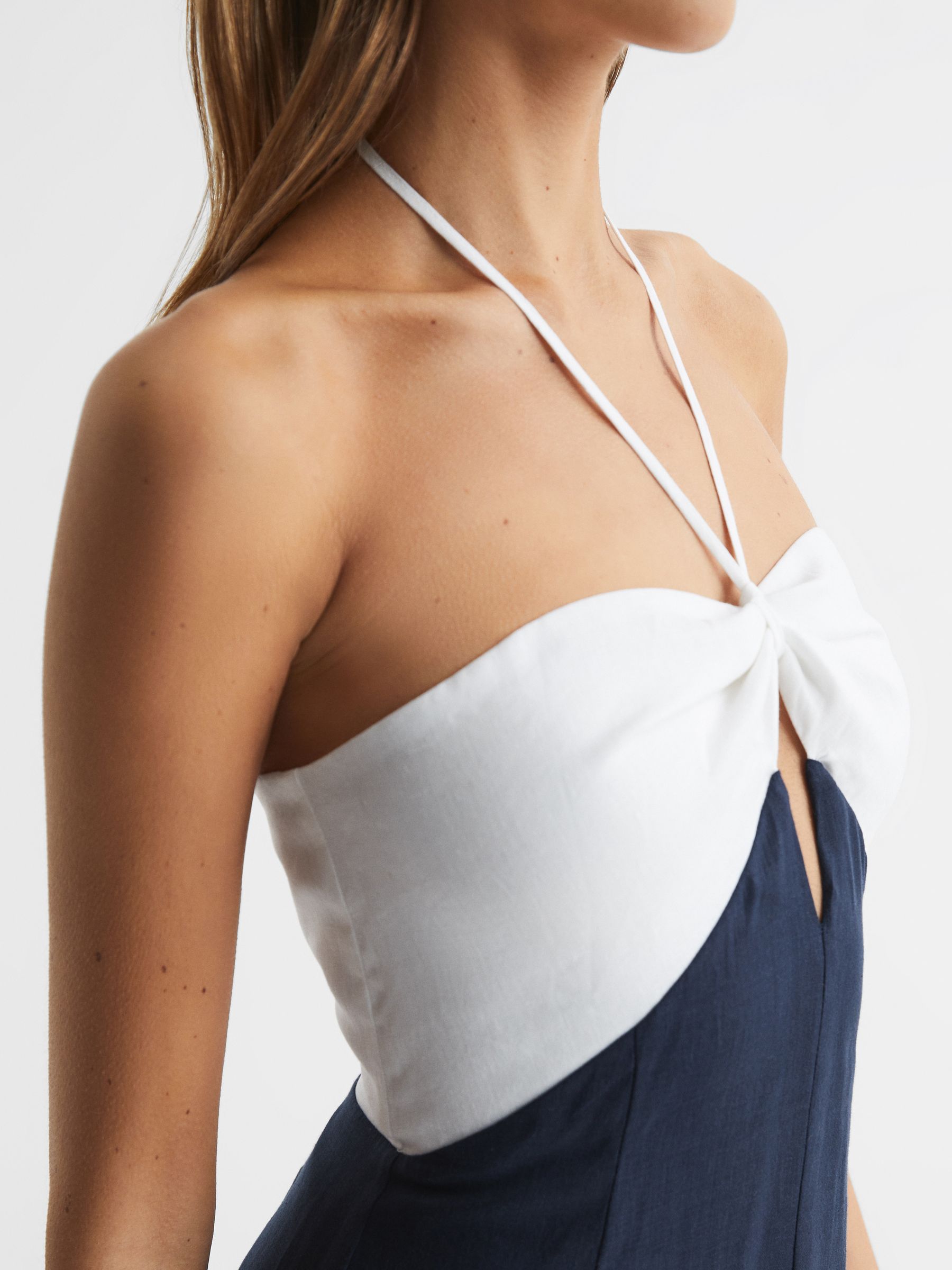 Linen Colour Block Midi Dress in Navy/White - Bild 4 av 7
