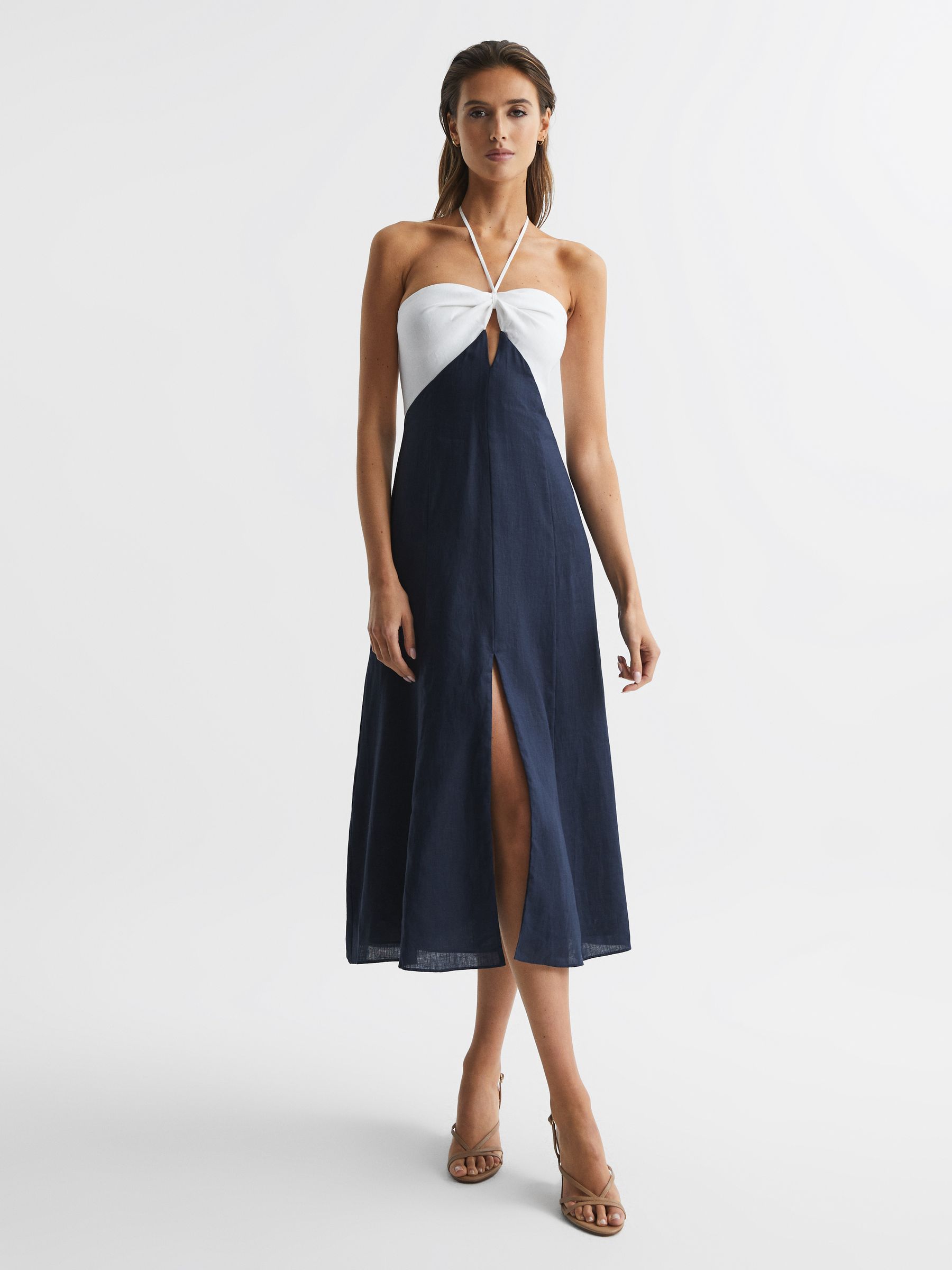 Linen Colour Block Midi Dress in Navy/White - Bild 7 av 7