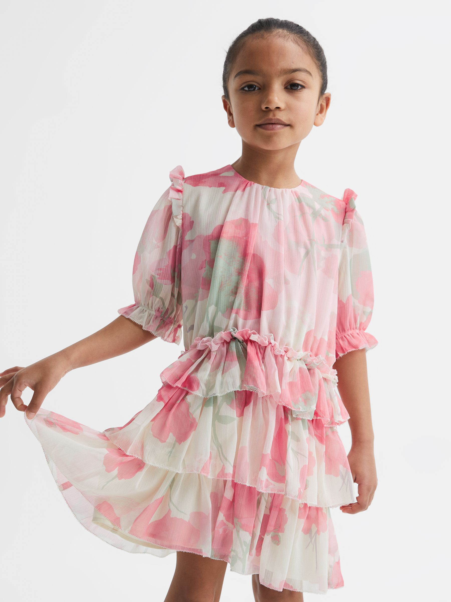 4-9 yrs Printed Tiered Dress in Pink Print - Image 3 of 6