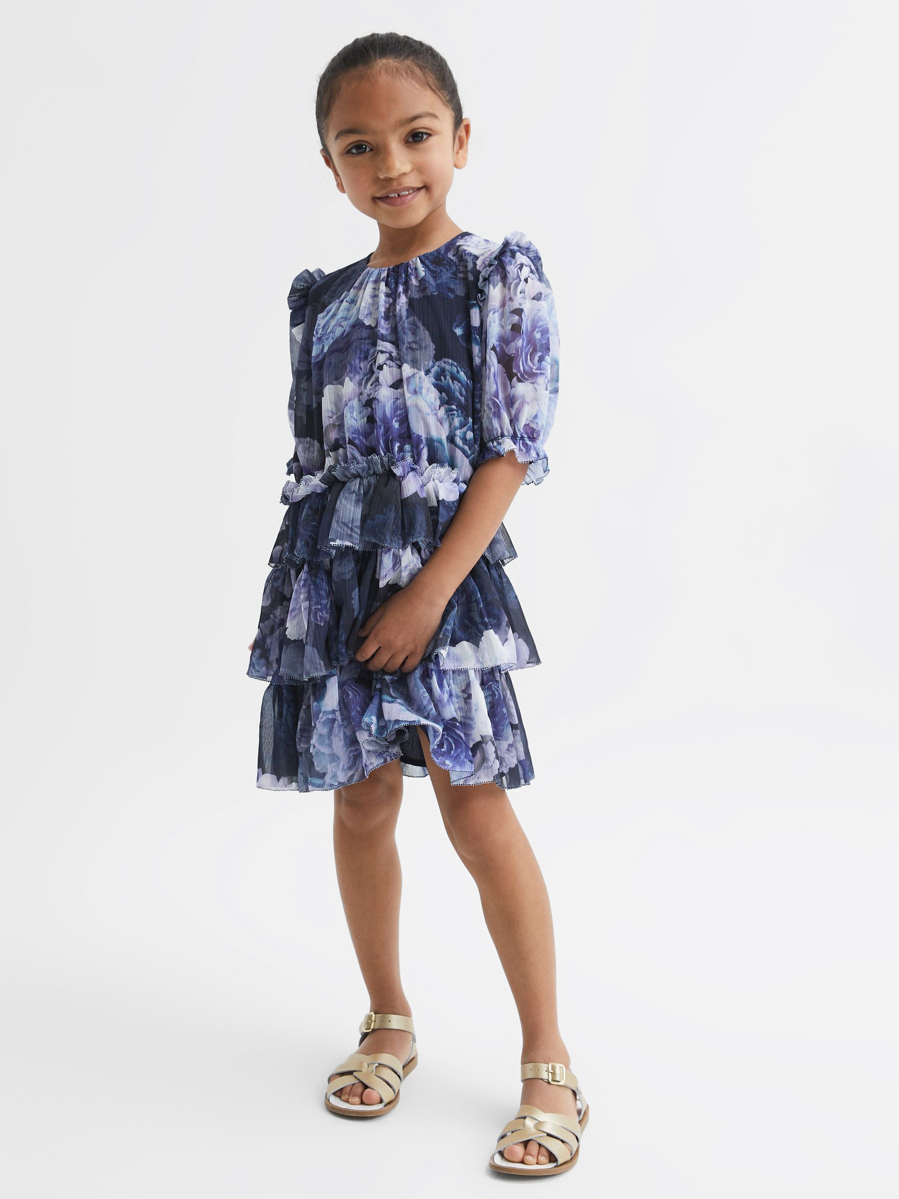 4-9 yrs Printed Tiered Dress in Blue Print - Image 1 of 6 4-9 yrs Printed Tiered Dress in Blue Print - Image 1 of 6