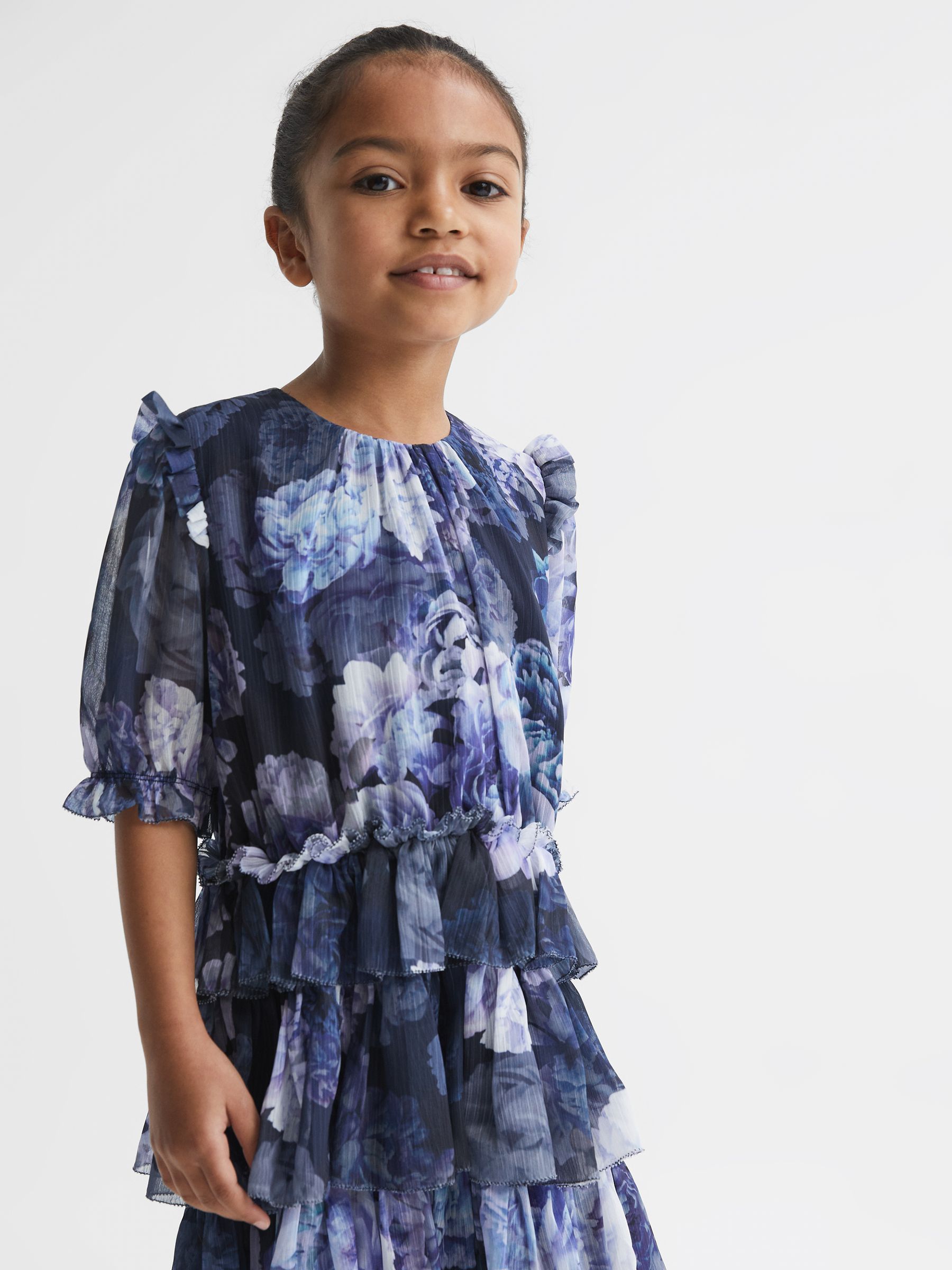 4-9 yrs Printed Tiered Dress in Blue Print - Image 3 of 6