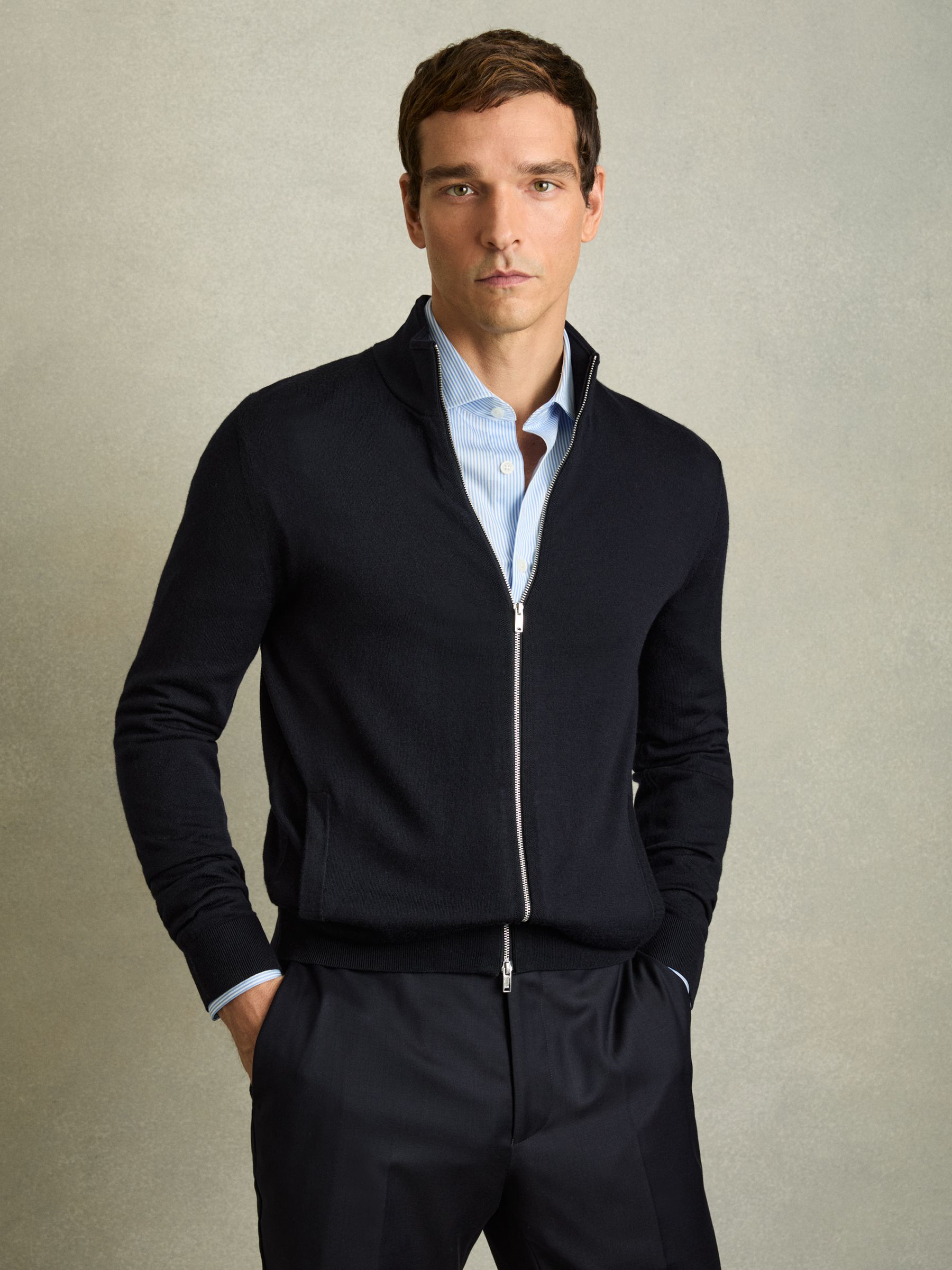 Merino Wool Zip-Through Cardigan in Navy - Image 1 of 7