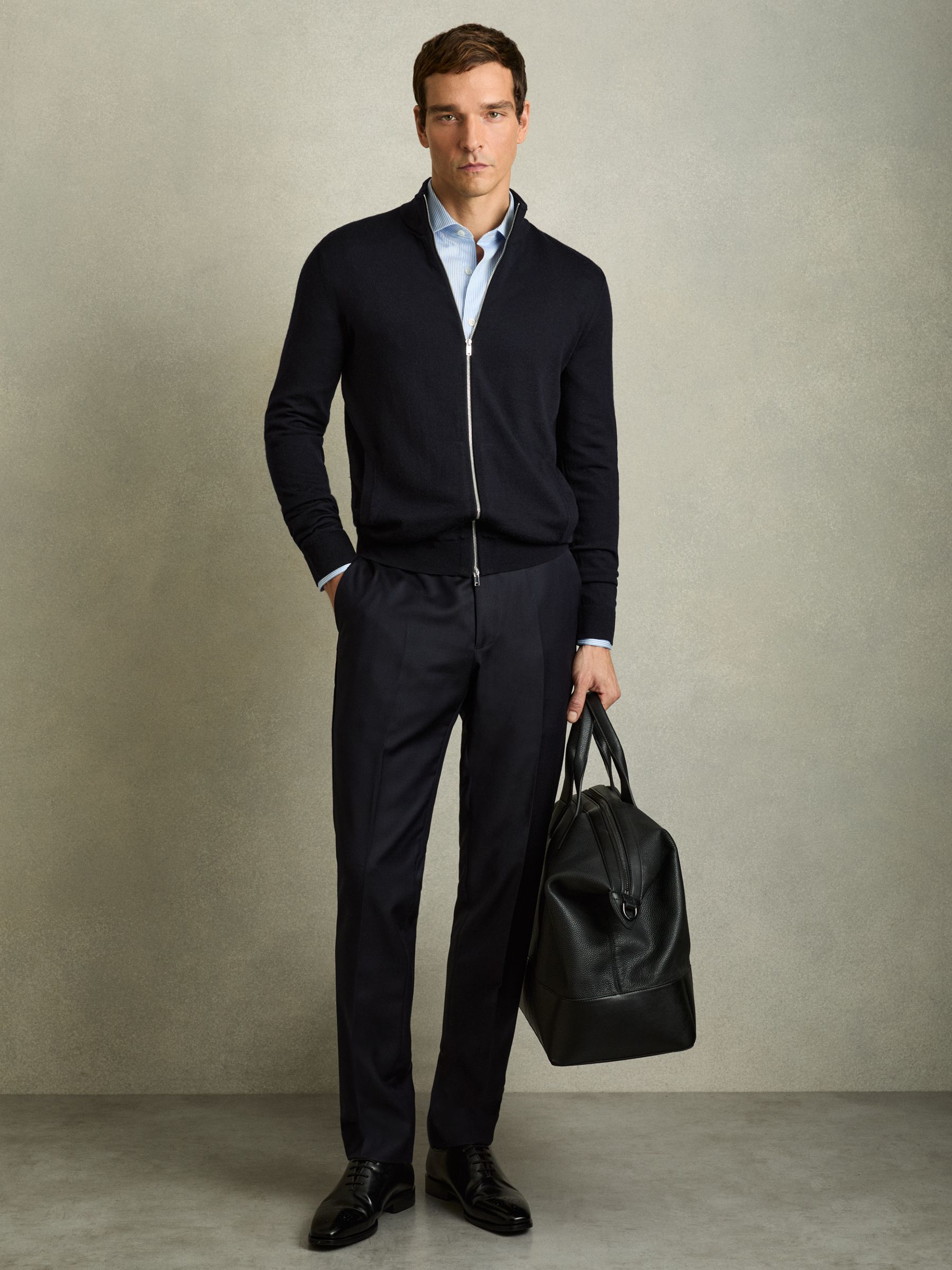 Merino Wool Zip-Through Cardigan in Navy - Image 3 of 7