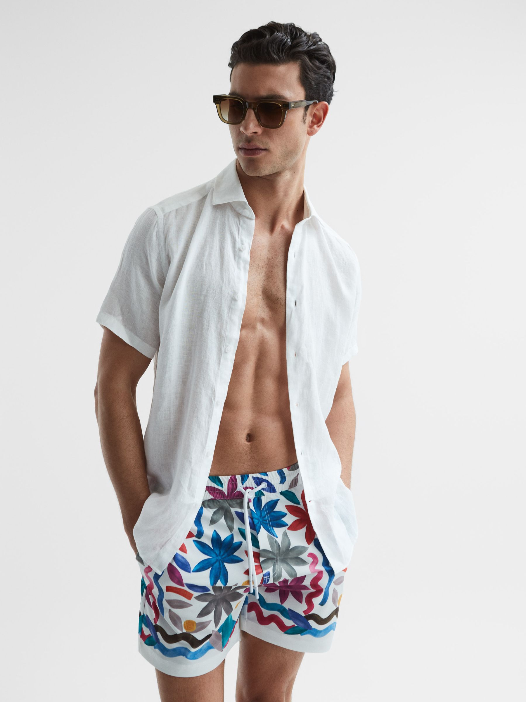 Floral Print Drawstring Swim Shorts in Multi - Image 6 of 6