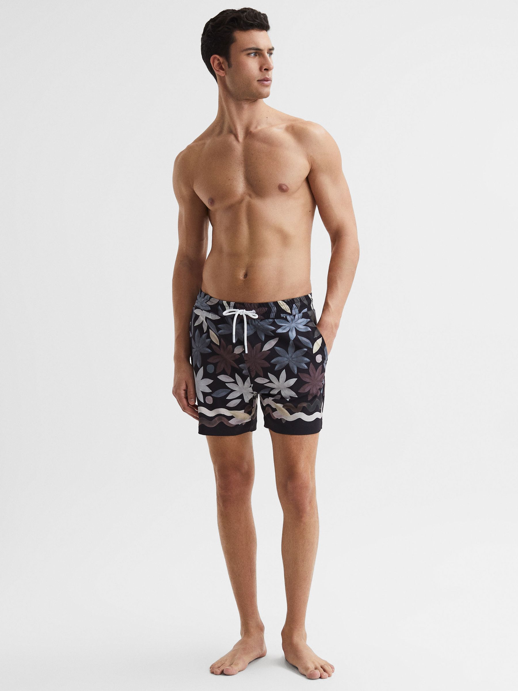 Reiss Floral Print Drawstring Swim Shorts in Black Multi REISS