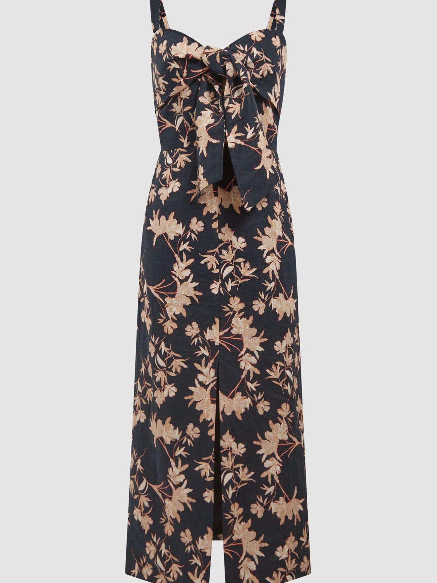 Floral Print Linen Midi Dress in Black/Blush - Image 2 of 6