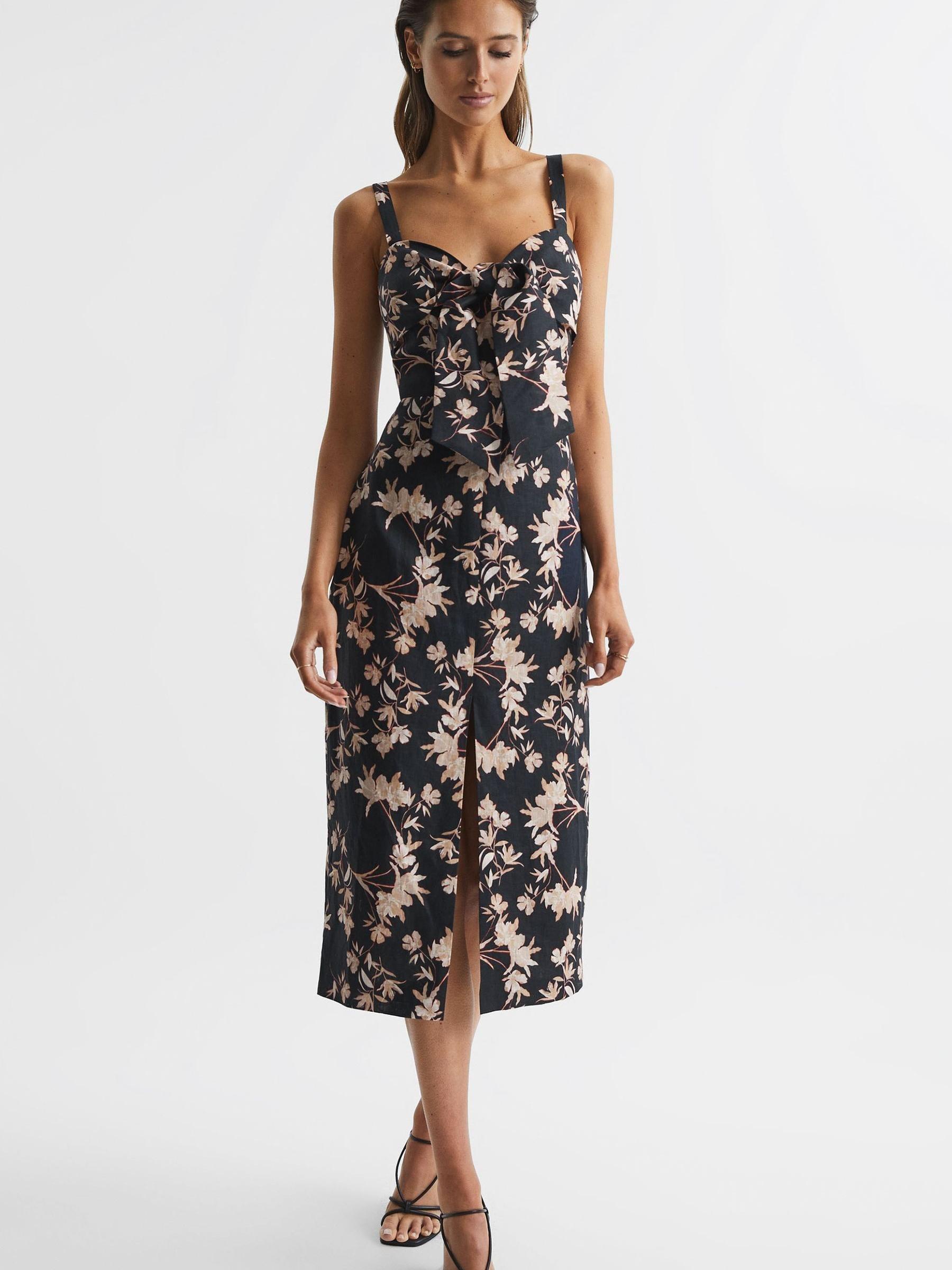Floral Print Linen Midi Dress in Black/Blush - Image 3 of 6