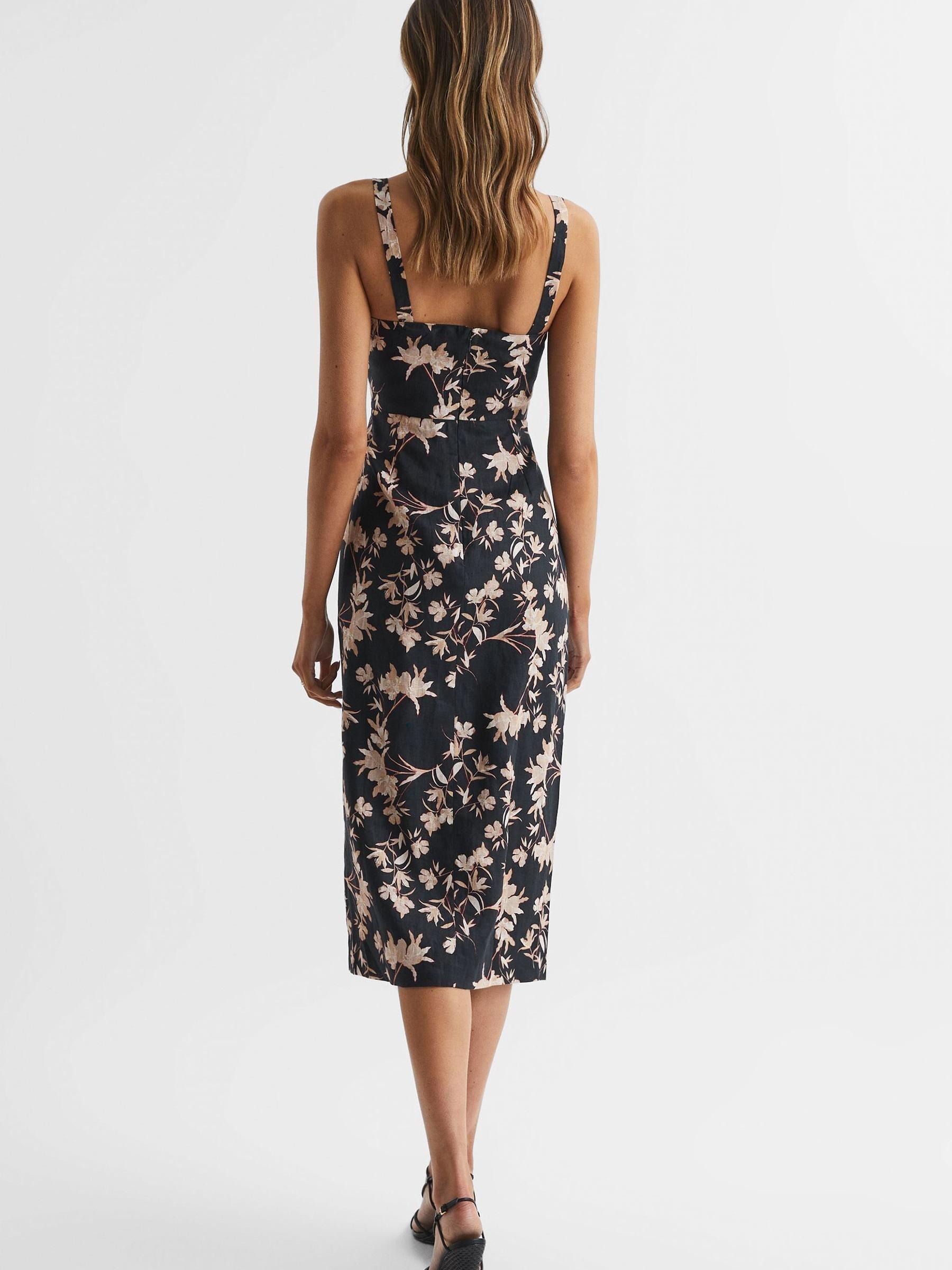 Floral Print Linen Midi Dress in Black/Blush - Image 5 of 6