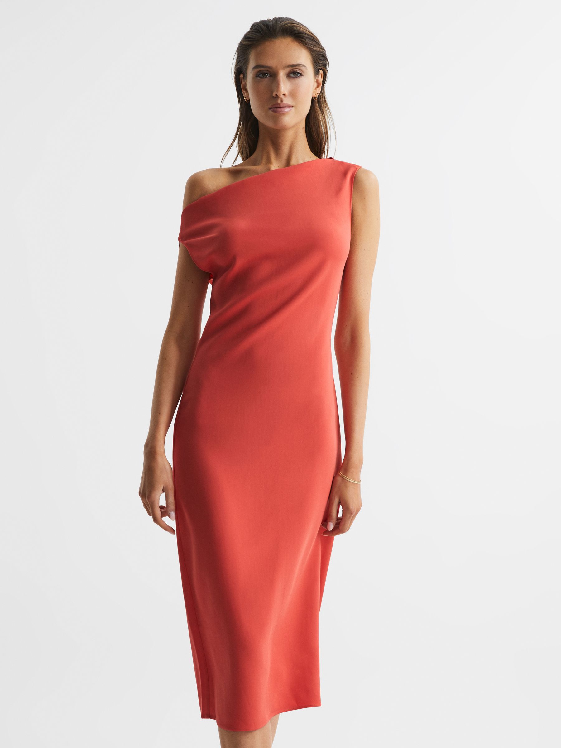 Off-Shoulder Bodycon Midi Dress in Coral - Image 3 of 6