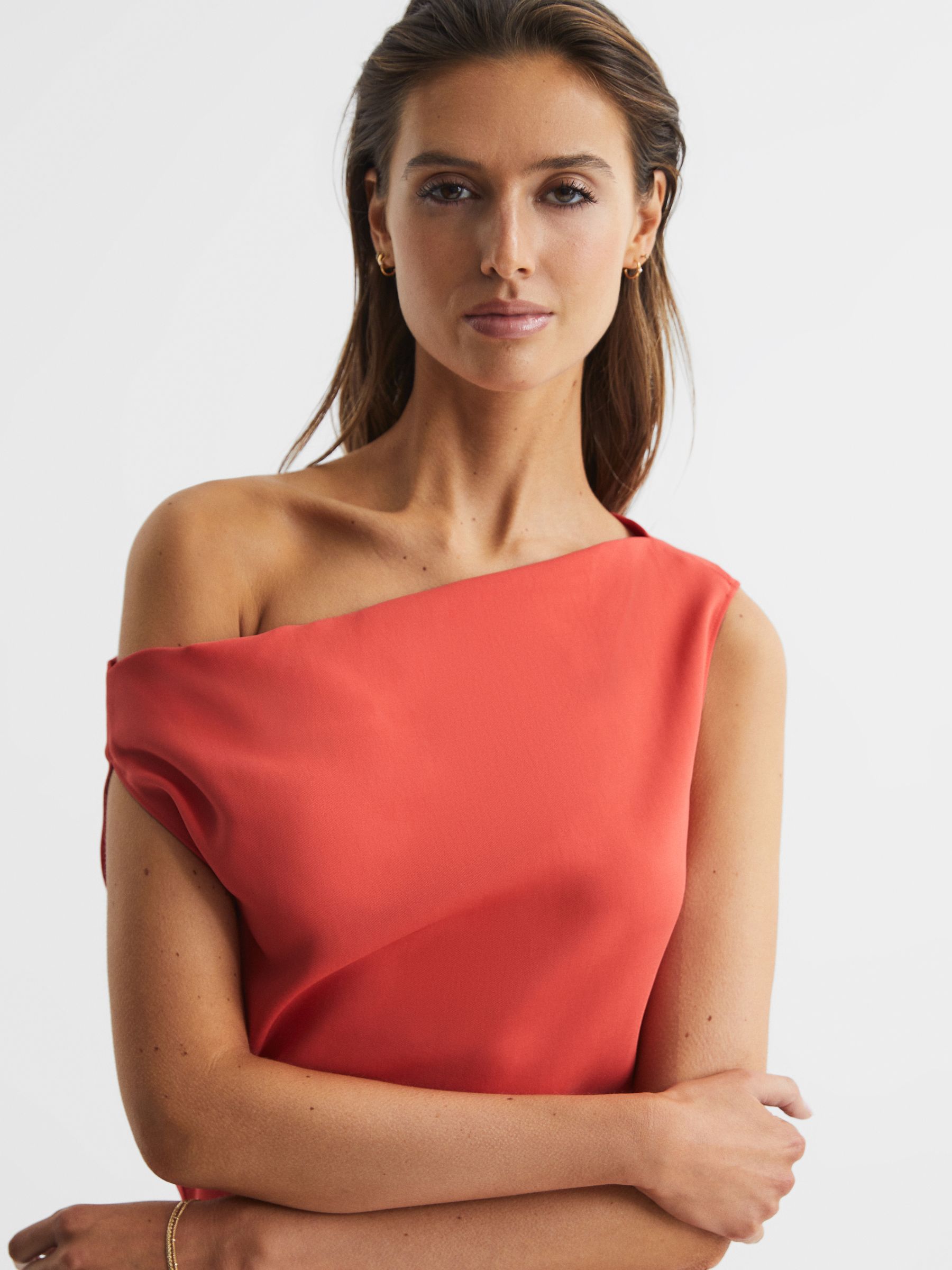 Off-Shoulder Bodycon Midi Dress in Coral - Image 4 of 6