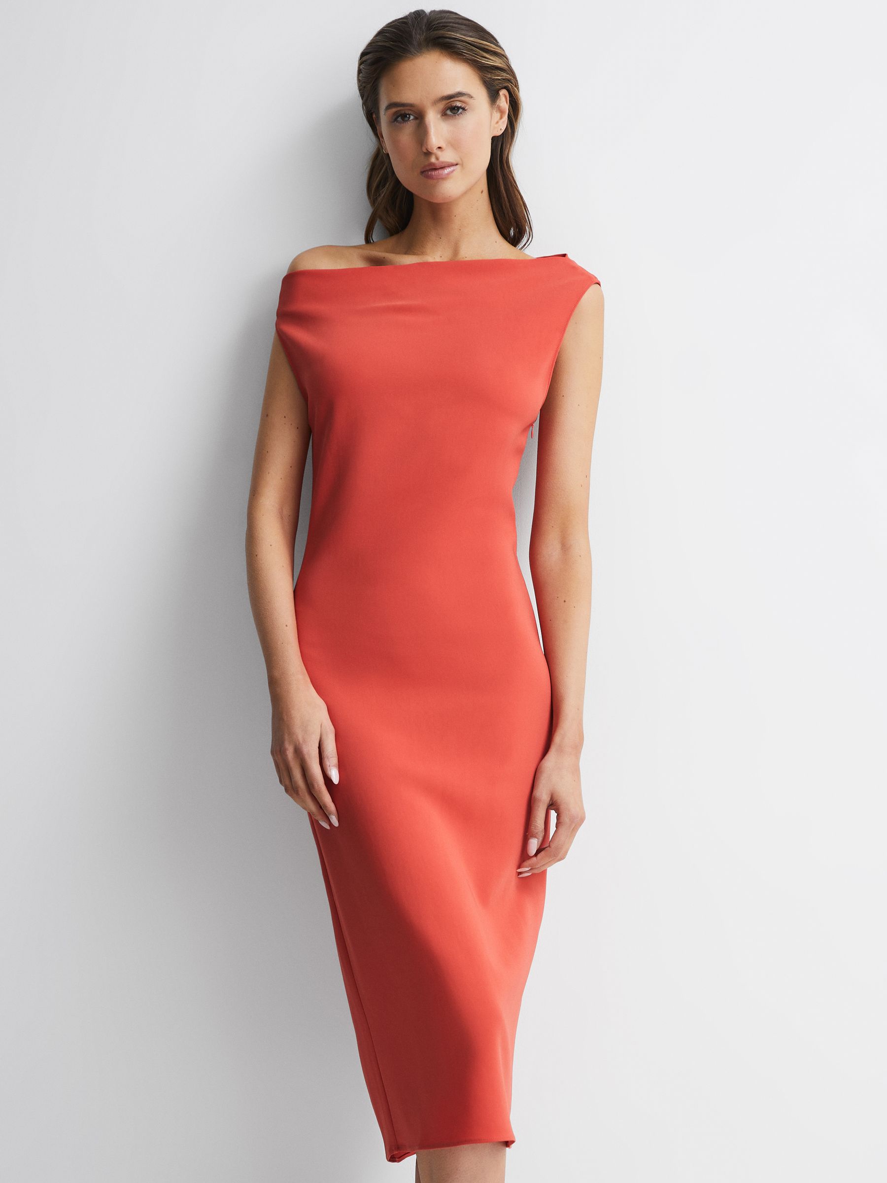 Off-Shoulder Bodycon Midi Dress in Coral - Image 6 of 6