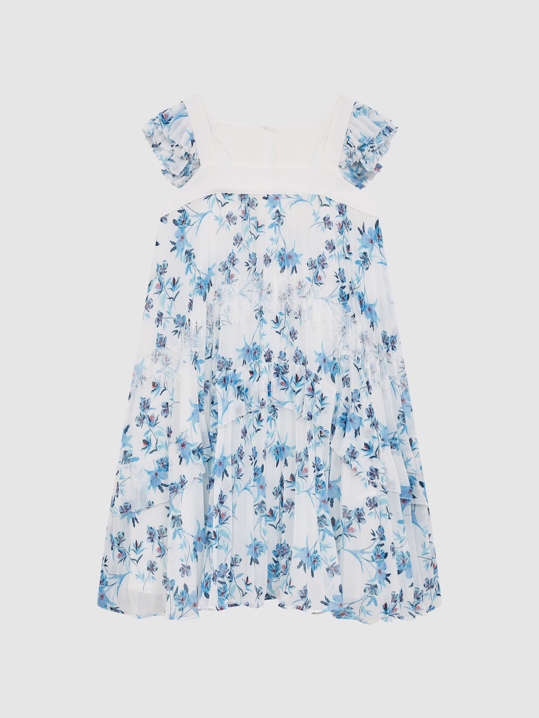 Floral Printed Pleated Dress in Blue Print - Image 2 of 6
